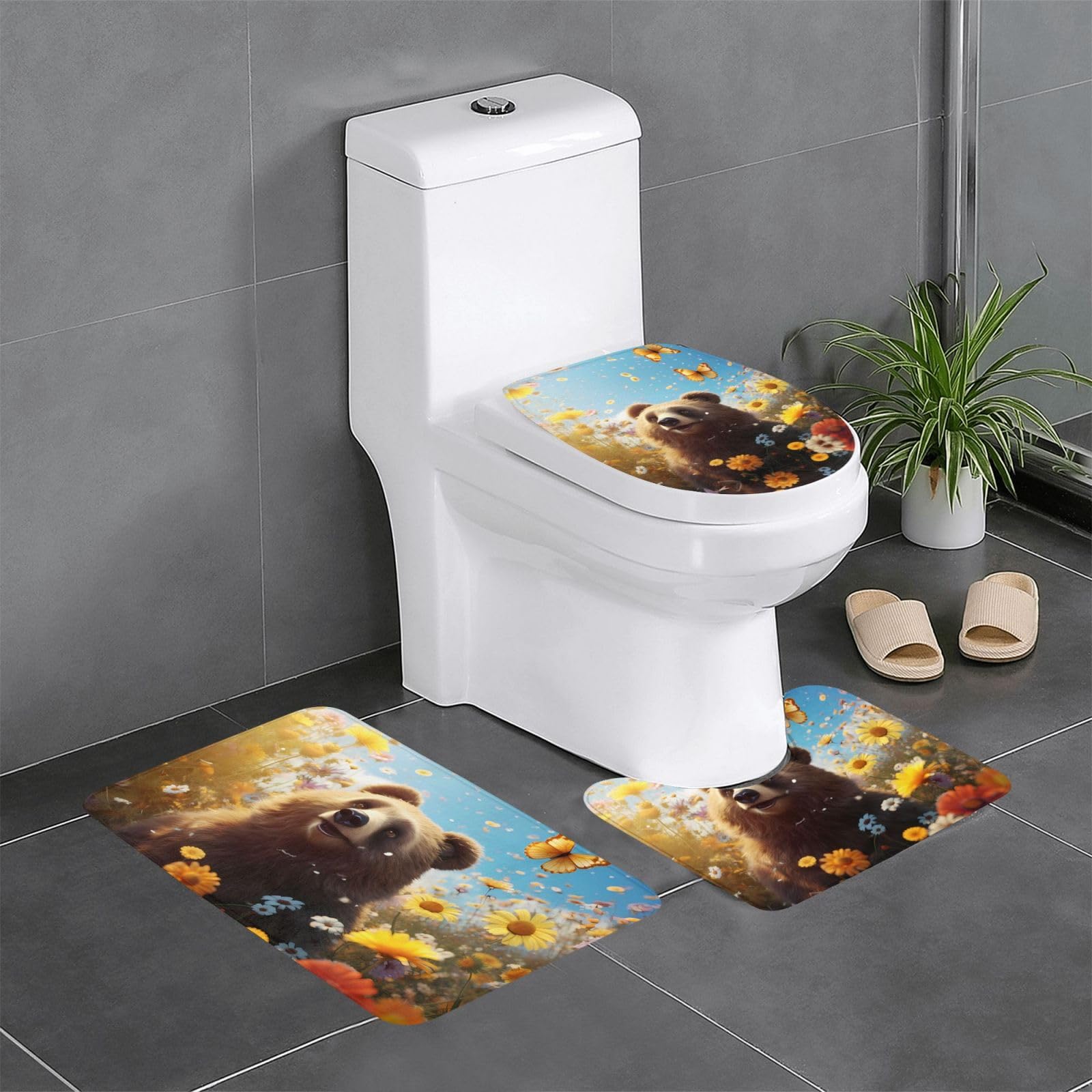 Tapis de sol antidérapants lot de 3 en flanelle pour salle de bain ours et fleurs