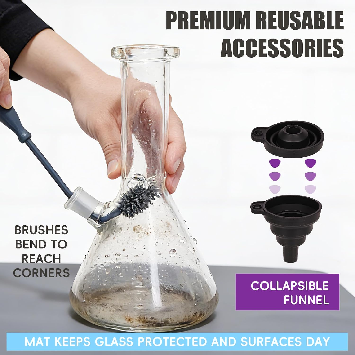 Glass Cleaning Kit, Reusable Silicone Kit, Includes Soaking Bag, Brush, Pad, Lid, Stopper, Funnel, and Microfiber Towel