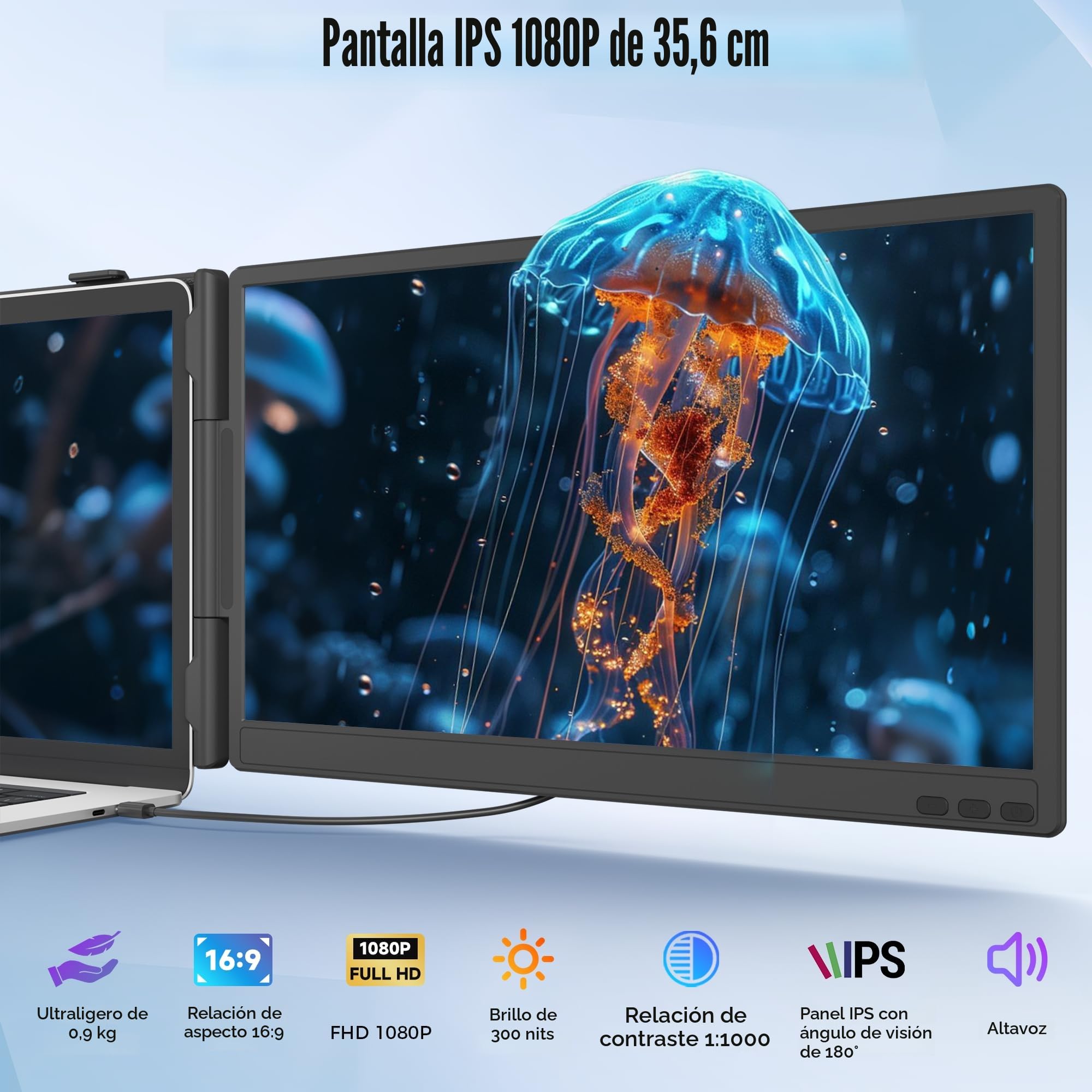 Monitor Portátil 14" IPS 1080P FHD, Pantalla Portatil Extensible para Laptops 13-17.3", Doble Pantalla para Portátil con USB-C/HDMI, Plug & Play para Mac/Android/Chrome