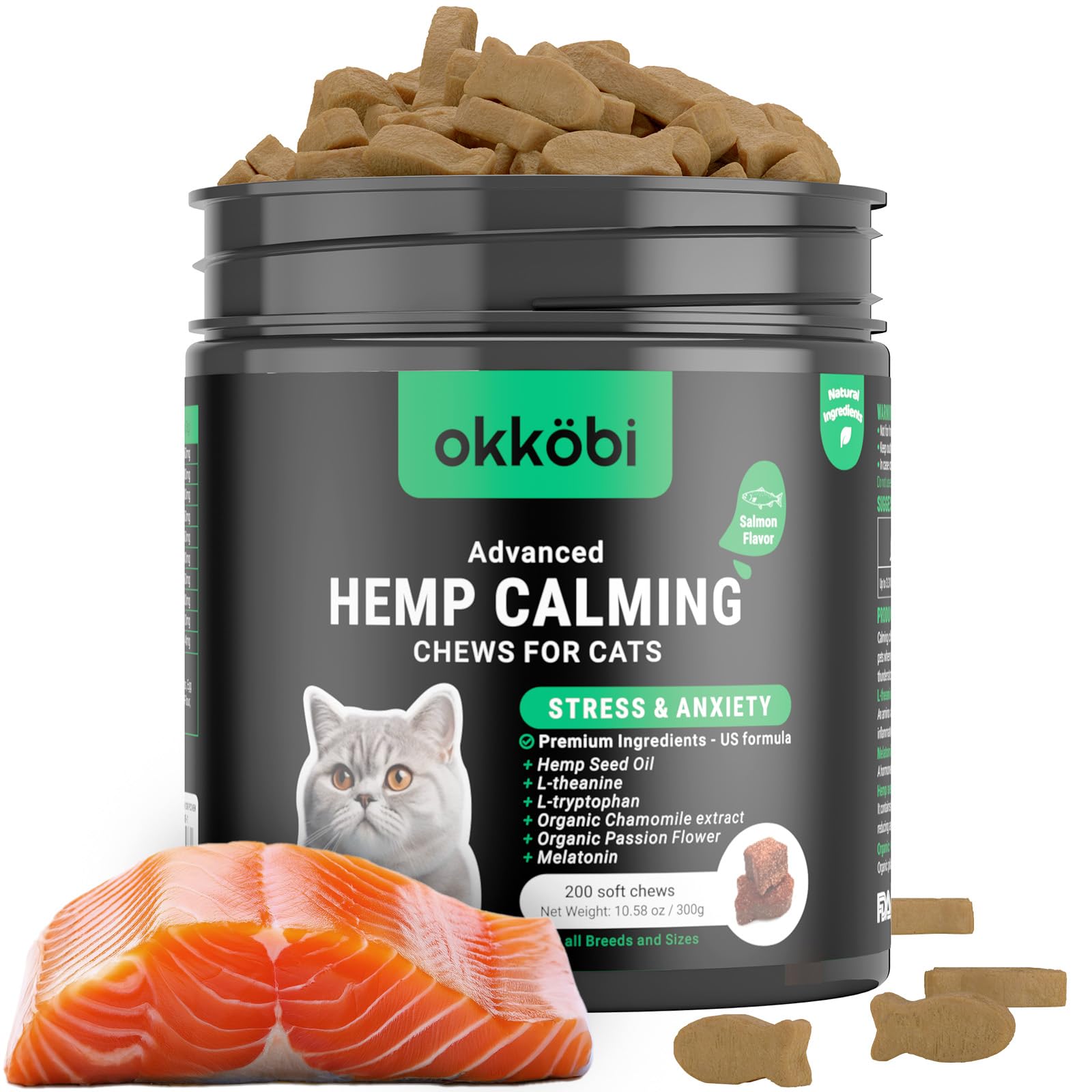 Hemp Calming Chews for Cats Anxiety 200 pcs - Feline Anxiety Relief with Melatonin - for Stress, Travel, Check-up, restlessness or Separation - Cat Calming Treats