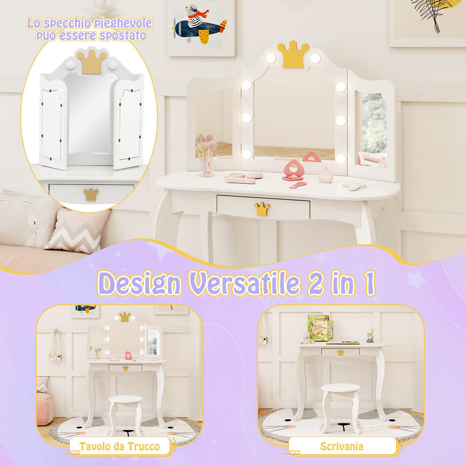 COSTWAY Set Toeletta Trucco per Bambina con Sgabello, Tavolo Trucco Triplo Specchio Staccabile con Luci LED a 3 Colori, Postazione Trucco con Cassetto e Accessori, per Bambine 3-7 Anni (Bianco)
