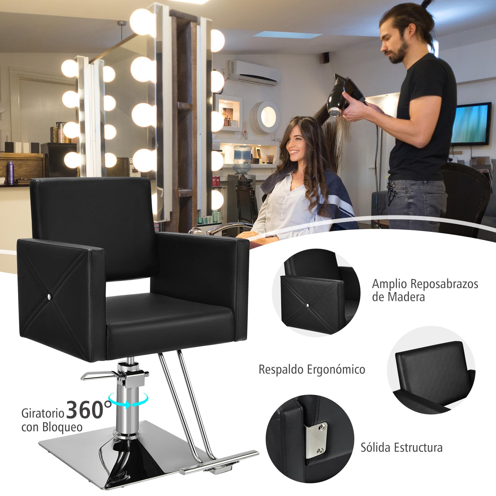 GOPLUS Silla de Salón para Estilistas, Silla de Barbero Multiusos con Bomba Hidráulica, Giro de 360°, Equipamiento para SPA de Belleza para Mujeres y Hombres, Capacidad de Peso hasta 150 kg, Negra