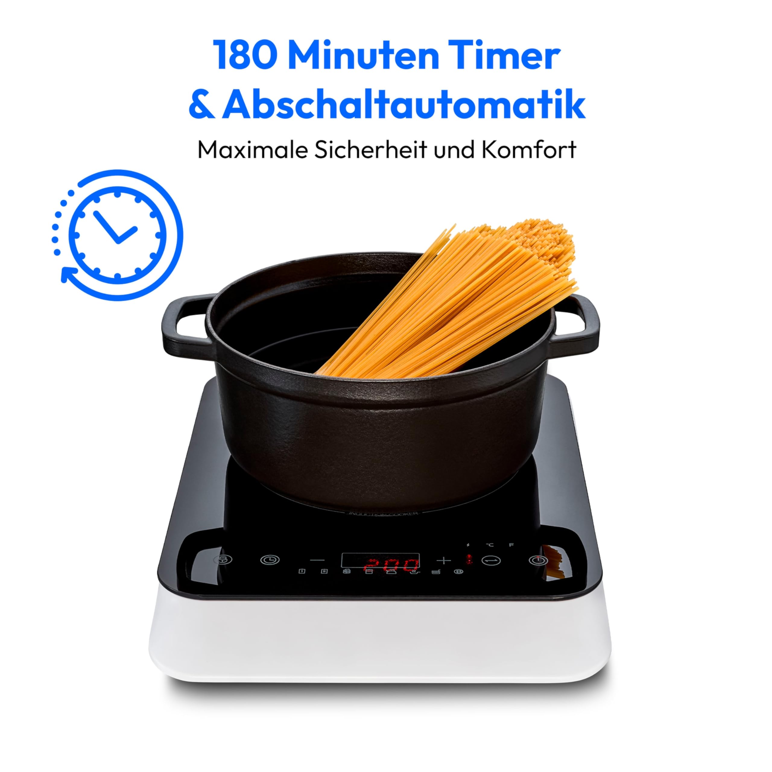MEDION Induktionskochfeld 20 cm 2000 Watt 10 Temperaturstufen Topferkennung Kristallglasplatte