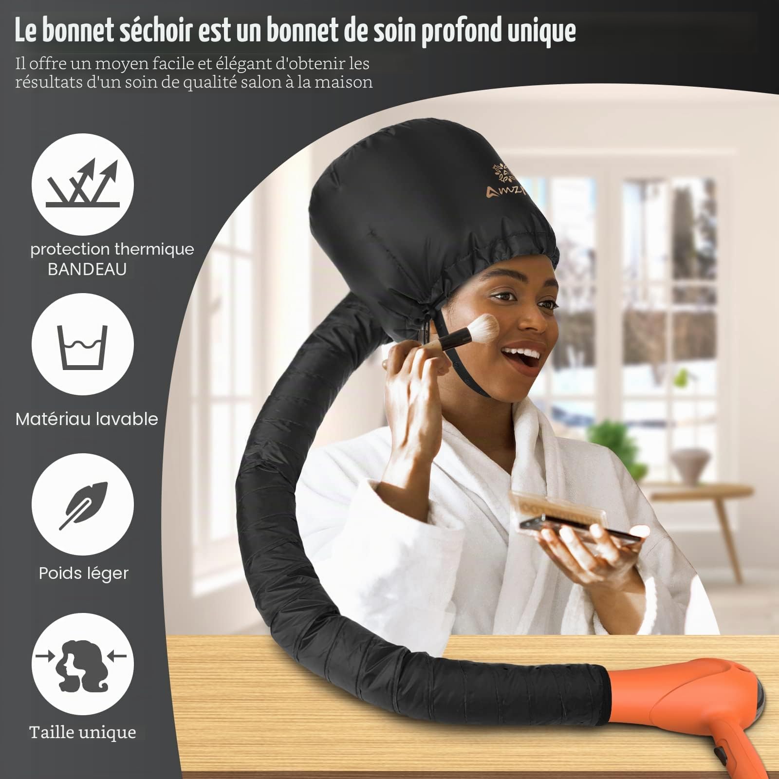 Fixation pour sèche-cheveux avec capuche, fixation douce et réglable pour sèche-cheveux extra large pour un séchage plus rapide à la maison, facile à utiliser pour le coiffage, le bouclage et