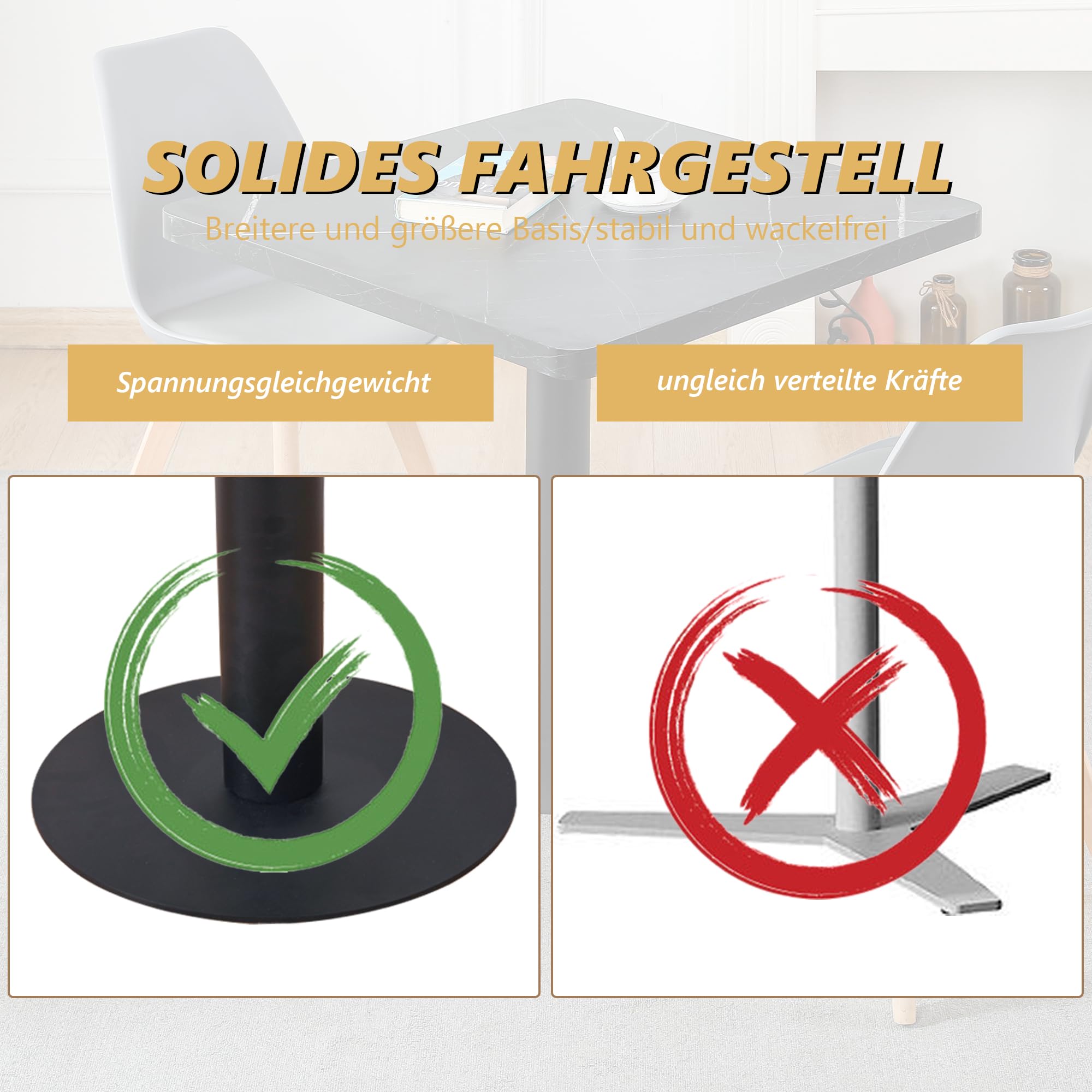 Mingone Esstisch 60cm Küchentisch Klein mit Marmor Tischplatte Schwarz | für 2 Personen, Quadratischer Holz Tisch, Esszimmertisch mit Metallbein, Für Wohnzimmer Balkon Esszimmer