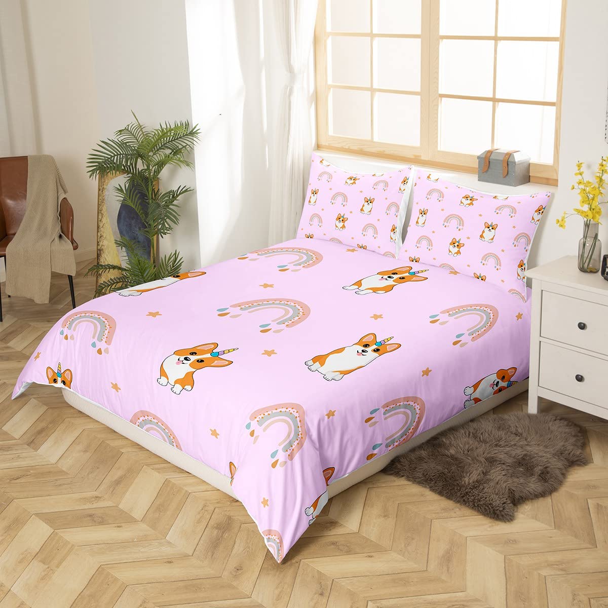 Jednorożec Corgi pokrowiec na pocieszyciel psa, rozmiar L, Kawaii, kreskówka, gwiazdy, tęcza, zestaw pościeli do pokoju domowego, liliowa, śliczne szczeniaki, zwierzęta, poszewka na kołdrę z 2