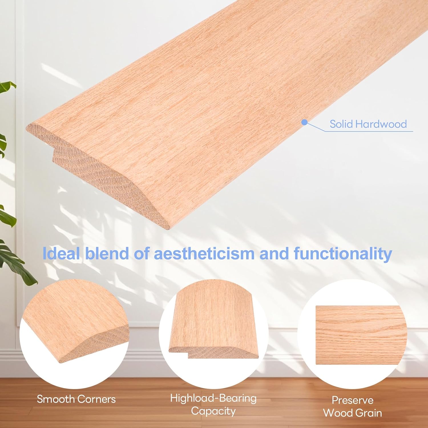 3.5"W 36" L Solid FAS1 Red Oak Floor Transition Strip, 5/16" Overlap Threshold for Doorways, Reduces Height Differences Between Carpet Tile Wood Vinyl Laminate Flooring (36" L, Unfinished)