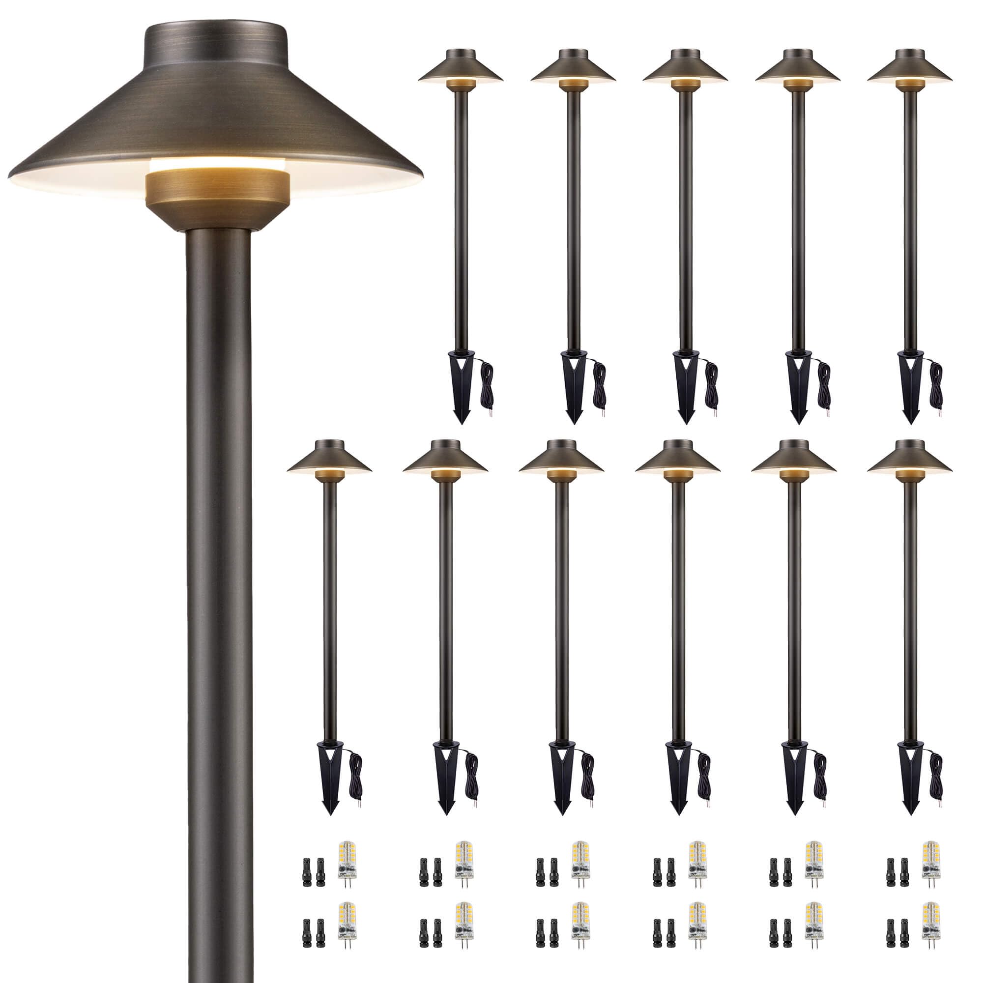 Photo 1 of Gardenreet Solid Brass Pathway Light - 12v Landscape Path Lights Outdoor Waterproof, Electric Walkway Lamp Wired, Hat Shape Antique Bronze Garden Decoration with 3W 270LM 2700K G4 Bulb (12 Pack)