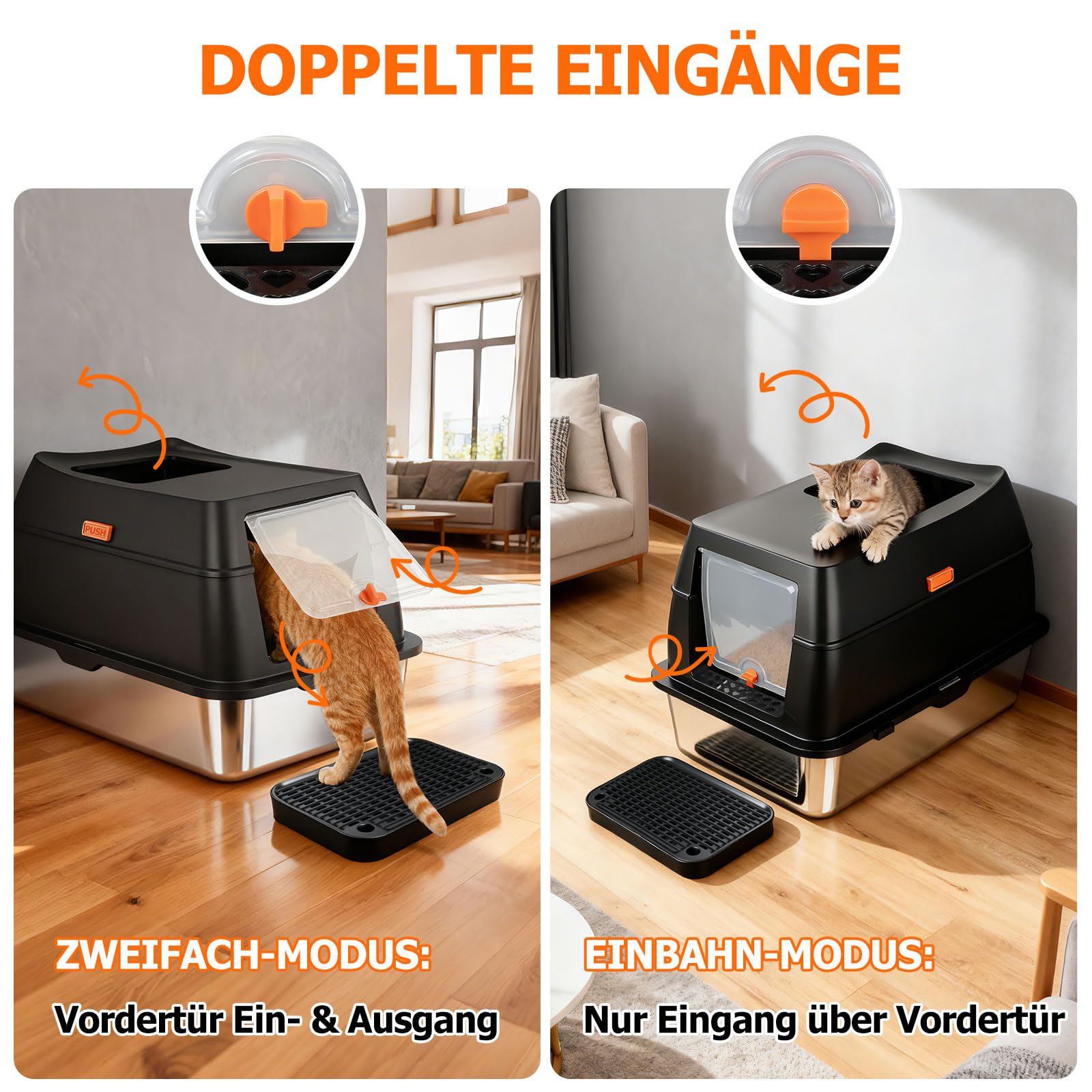 Katzenklo Edelstahl 60x40x38cm,Katzentoilette Vollgeschlossen | Katzenklo mit Doppeltem Eingang und Anti-Streu-Matte, Auslaufsicher Cat Litter Box für Große Katzen und Mehrkatzenhaushalte