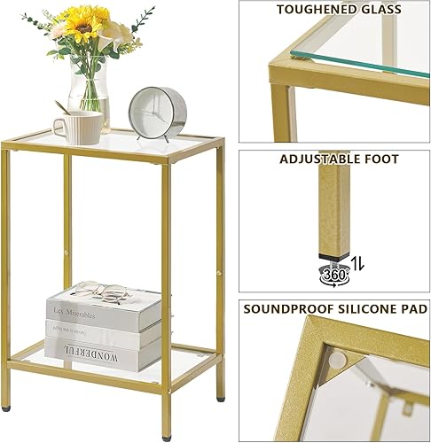 Miniatura 8 de YMYNY UHGD002G - Mesa auxiliar de vidrio templado, mesa auxiliar de 2 niveles con estantes de almacenamiento, mesita de noche estrecha, para