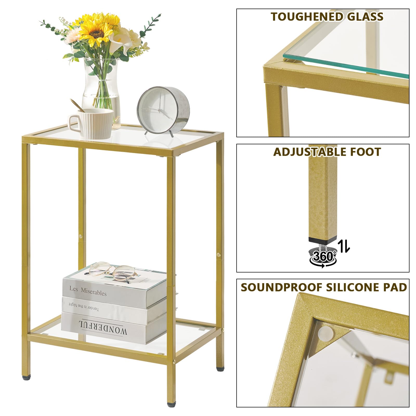 YMYNY Table d'Appoint à 2 Niveaux, Table Basse, Table de Chevet, Table Téléphone, Bout de Canapé, Table pour Salon, Chambre, Couloir 38×28×56CM Dorée HGD002G