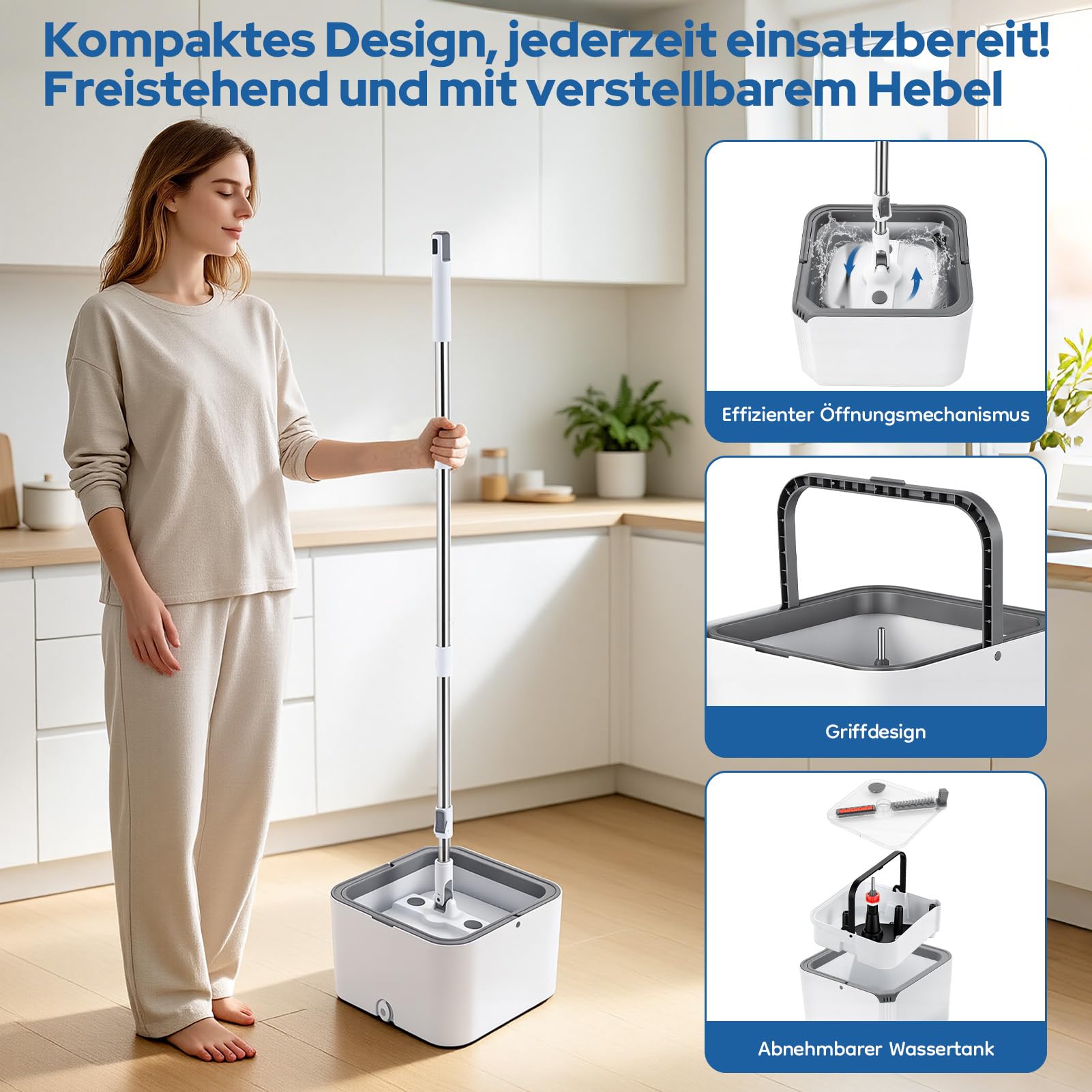 papasbox Wischmopp Set mit Eimer 2 Kammern Bodenwischer Wischer Boden | Auswringfunktion mit 2 Mikrofaser Pads Wischmop für Nass- & Trockenmopps für den Haushalt