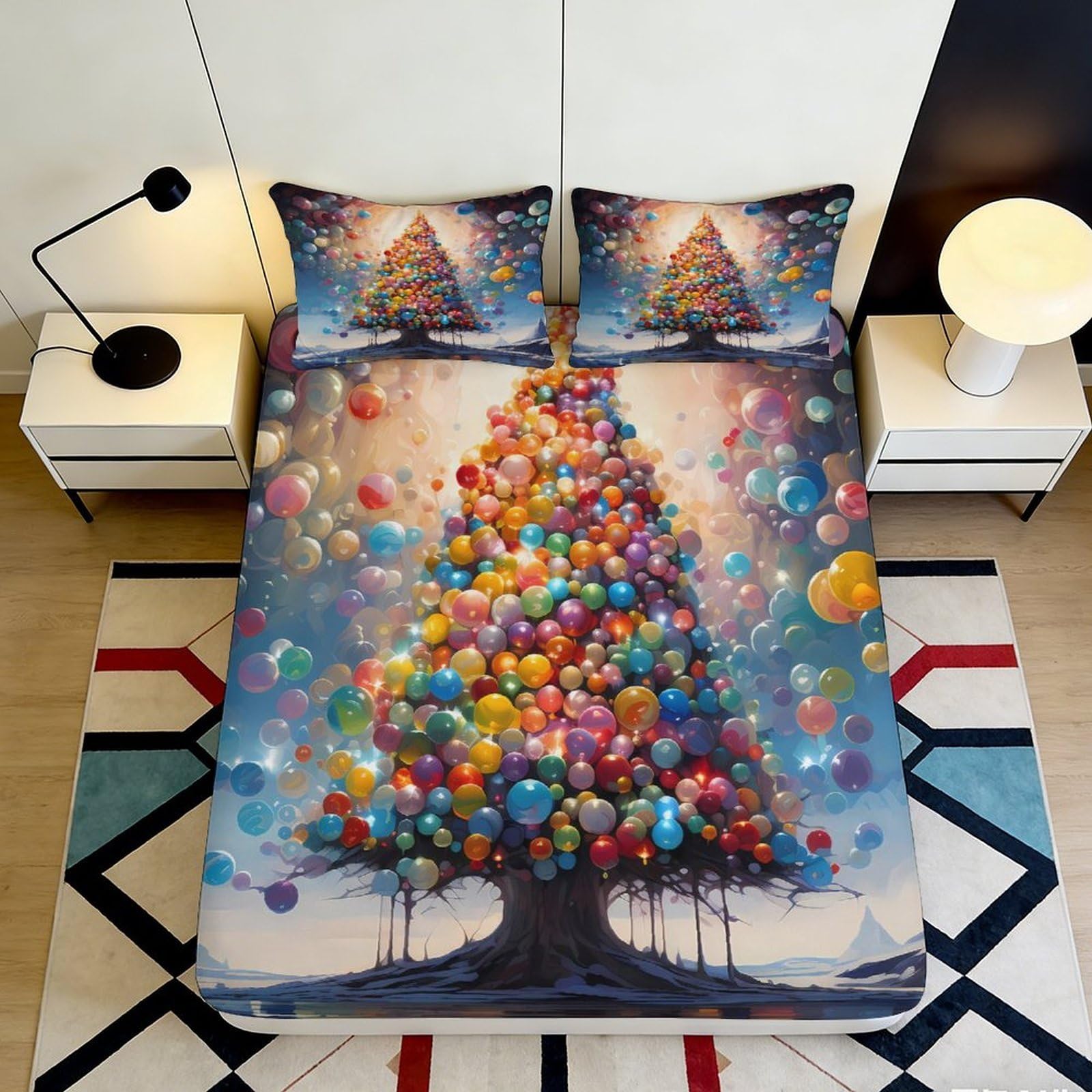 3D Printed Colorful Balloon Tree Fitted Sheet Microfiber Anti-Slip Bed Cover for Bedroom Guest Room Easy Care 90x200x25cm