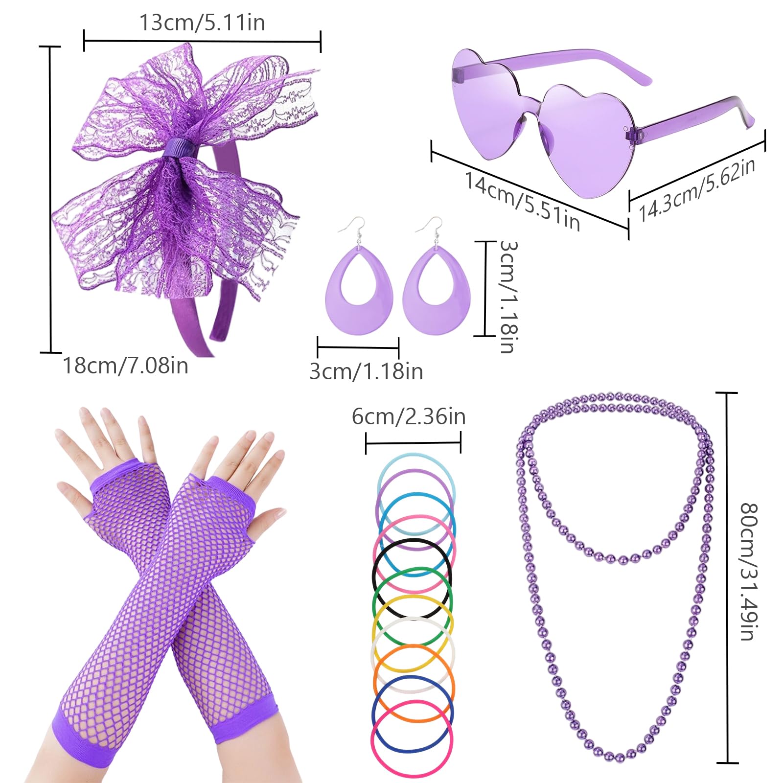 CERCTLA 80s Fancy Dress for Women Girls 1980s Accessories for Women Costume Neon Party Kit with Headbands Earrings Fishnet Gloves Sunglasses for Retro Party Purple - Image 2