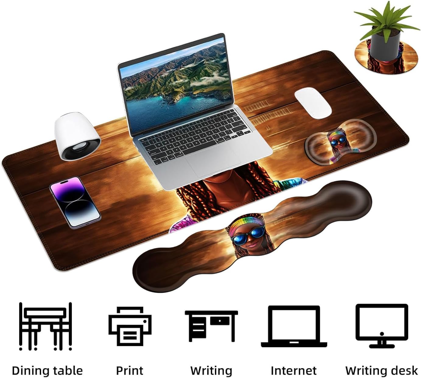 Keyboard Mouse Pad Set, Extended Gaming Mouse Pad+Ergonomics Keyboard Wrist Rest Support, Memory Foam, Easy Typing Pain Relief, 4Pcs XL Ultra Thick Desk Mat,Rainbow Woman