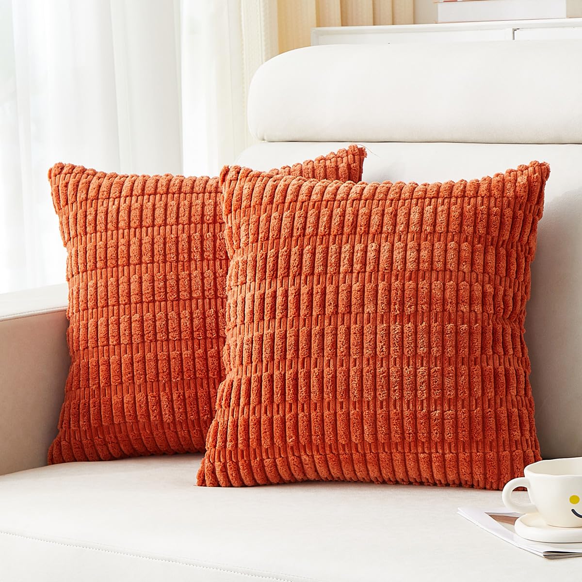Pack of 2 Corduroy Decorative Throw Pillow Covers 18x18 Inch Soft Boho Striped Square Pillow Cases for Couch Sofa Bed Rustic Farmhouse Modern Home Decor Burnt Orange