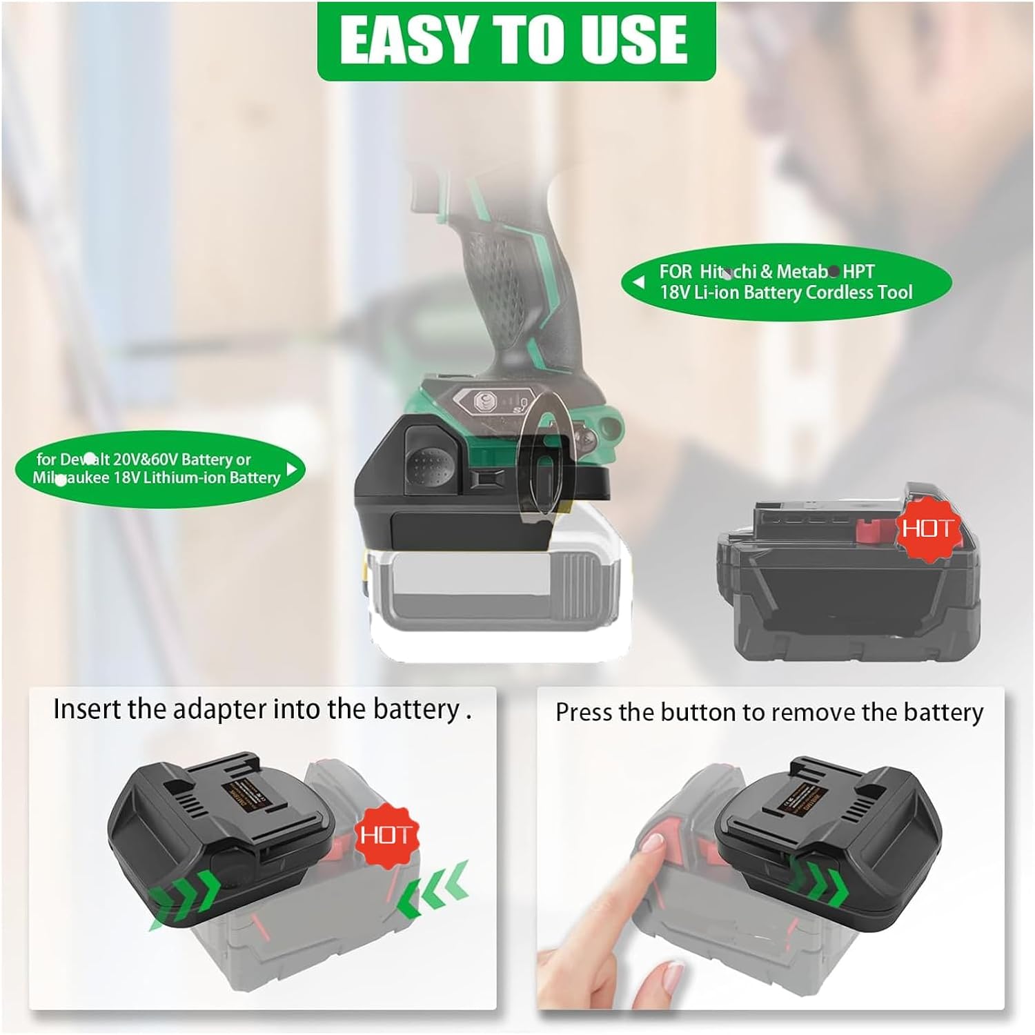 for Dewalt &for Milwaukee to for Hitachi&forMetabo HPT Battery Adapter,Fit for Dewalt for Milwaukee Batteries Work for Hitachi 18v Lithium Cordless Tools and for Metabo (Not 36V) Slide Style Tools