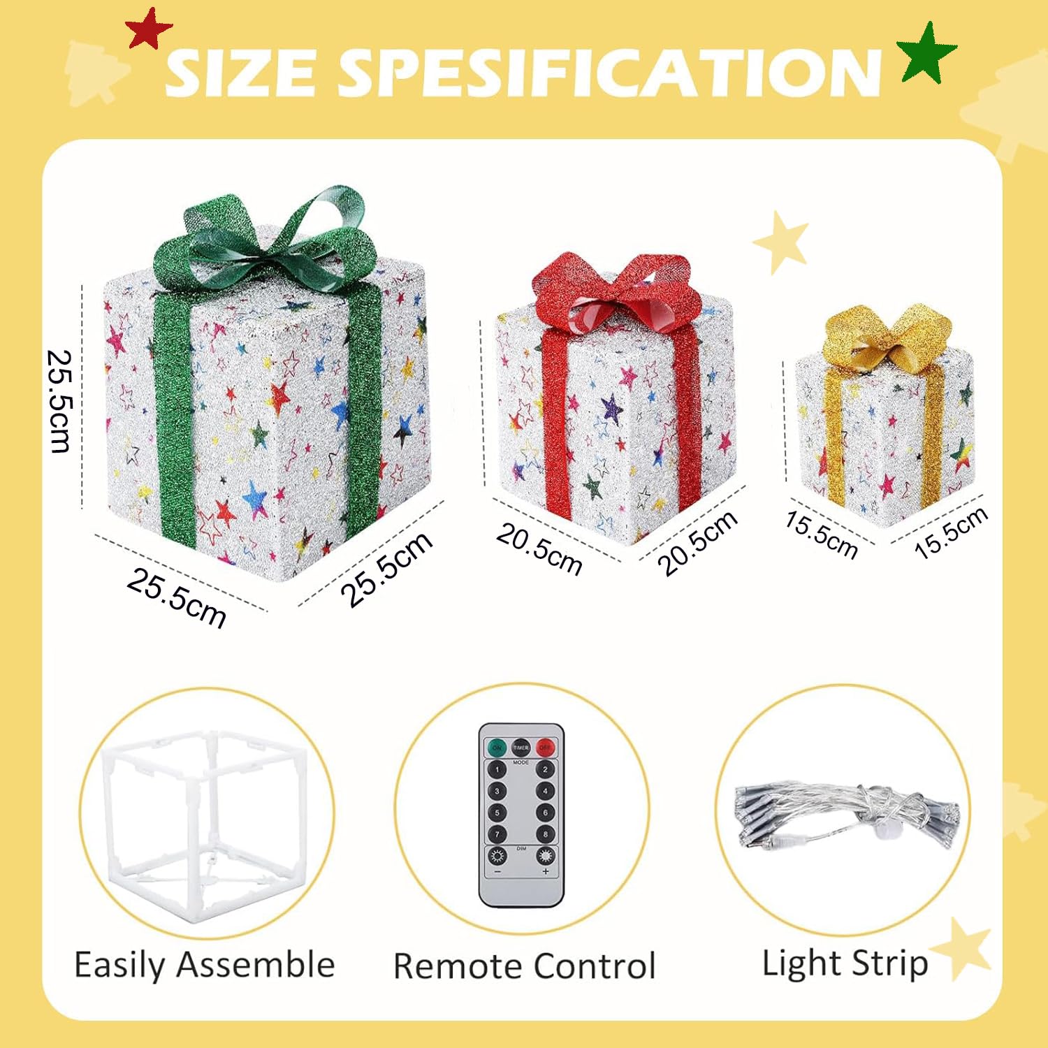 Juego de 3 Ramadan Decoracion, 50 LED Cajas de Regalo Ramadán con Luces, 8 Modos Cajas de Regalo Decorativo Estrellas con Control Temporizador, Interior para Árbol de Ramadán IP44