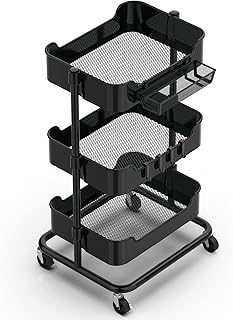 alvorog Chariot de Service à 3 Niveaux en Métallique, Tablette Réglable en Hauteur, Chariot de Rangement avec 2 Freins, Montage Facile, pour Salle de Bain, Cuisine, Bureau - Noir