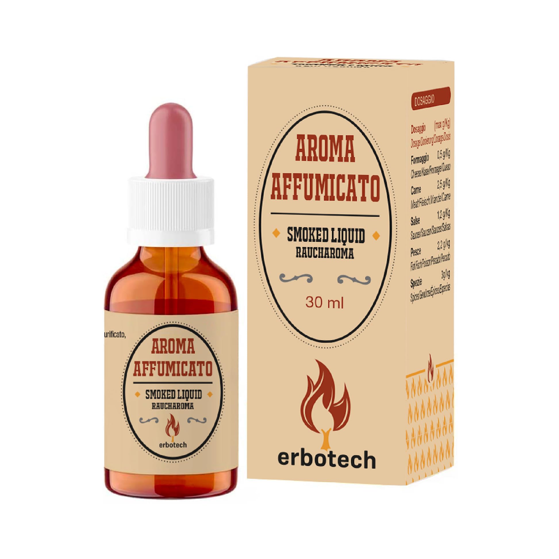 Erbotech, Flüssigrauch, Konzentrierter Lebensmittelzusatzstoff, verleiht Ihren Gerichten ein Intensives und Rauchiges Aroma, Ideal für Grill, auch für Vegetarier Geeignet, ohne GVO, vegan, 30 ml