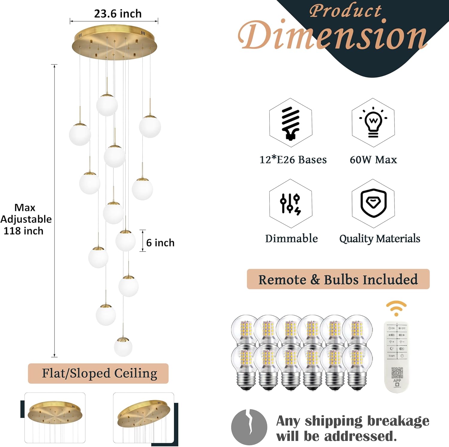 KoKo&Yukina 12-Light Gold Mid Century Modern Chandelier for Living Room Staircase Chandelier for Entryway Globe Milky White Glass Pendant Light High Ceiling Chandeliers Foyer (Bulb & Remote Incl.)