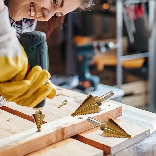 Miniatura 6 de Uenhoy Broca escalonada de titanio de 14 a 1-38 pulgadas, 10 tamaños de brocas de acero de alta velocidad para corte de agujeros, agujero HSS