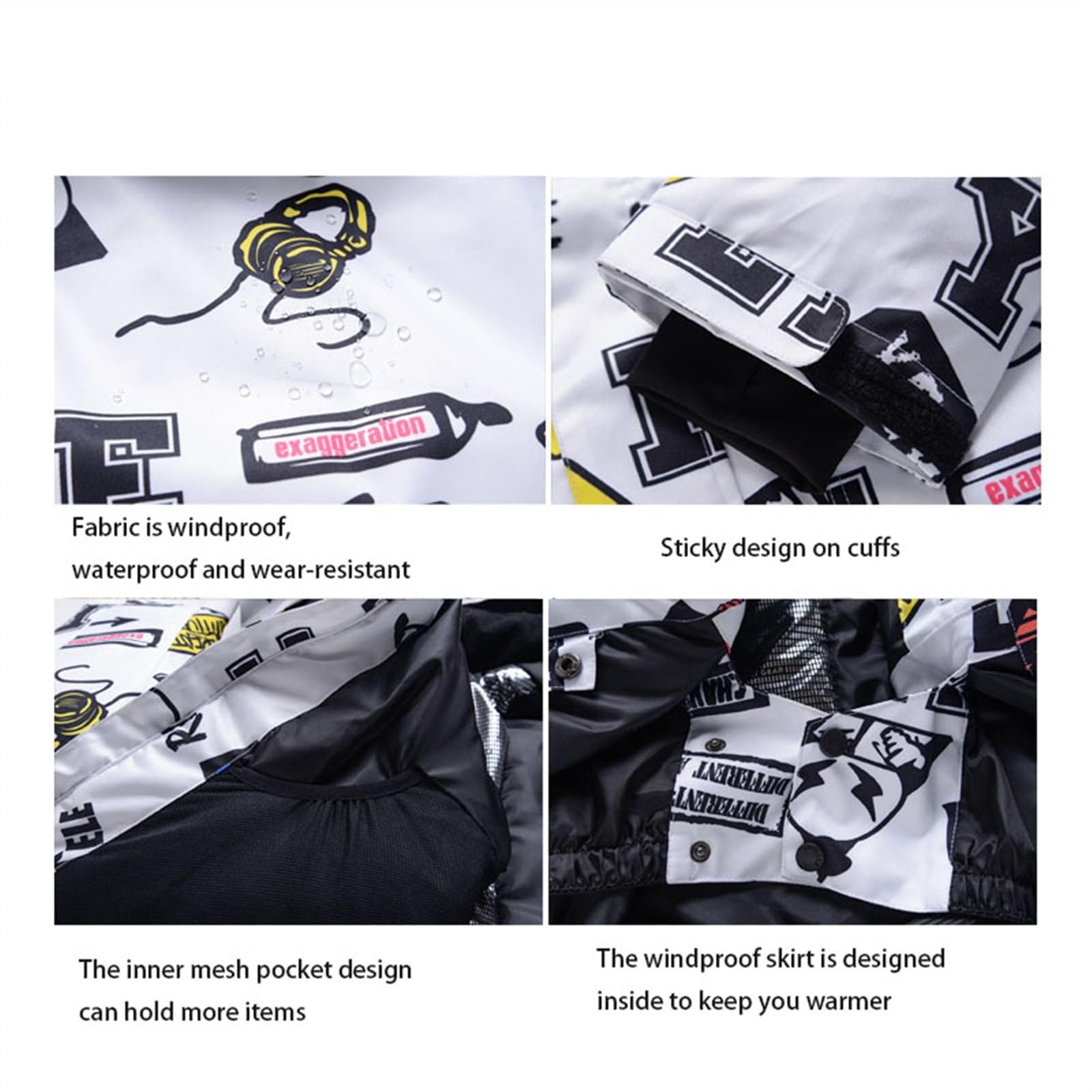 Conjunto de traje de esquí para hombre, chaqueta y pantalones impermeables aislados, diseño de graffiti cálido de invierno, perfecto para deportes de nieve, traje de nieve para hombres, equipo de