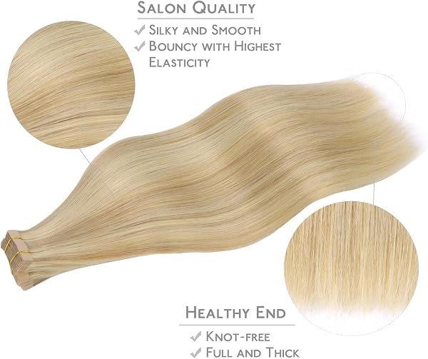 WENNALIFE Extensiones Adhesivas Pelo Natural, 55cm, 50g, 20 Piezas, Hellblond Highlights Goldblond, Extensiones Pelo Remy Cabello Humano - 4