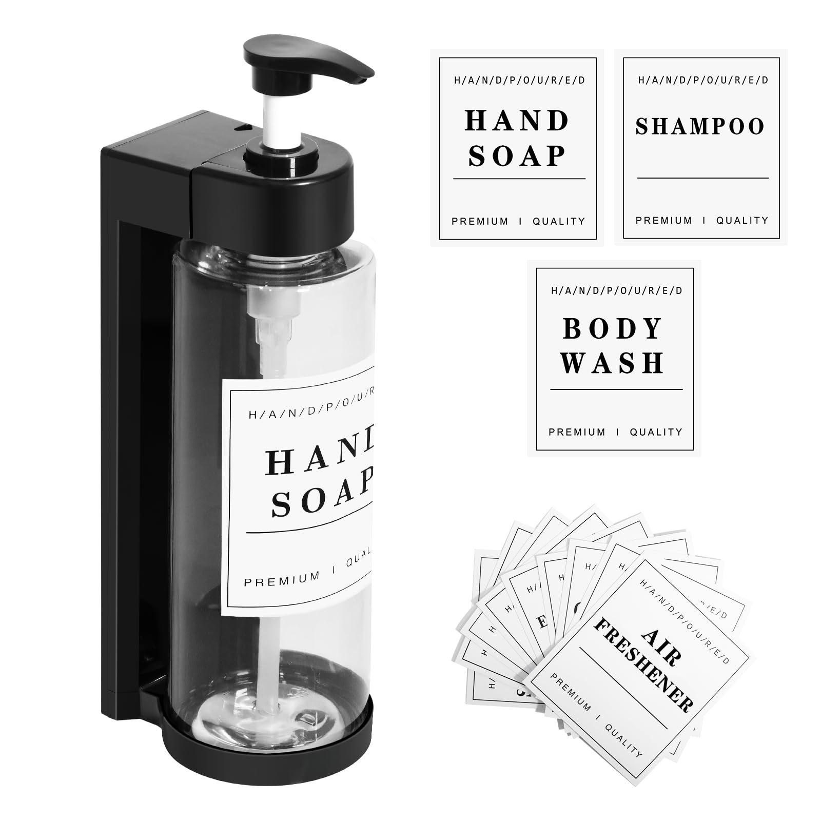 Dispensador de Jabón Baño Set de 300ml Dispensador de Lavado de Manos Montado en la Pared sin Perforaciones con Etiquetas,Dispensador de Líquido Recargable para Lociones, Uso Diario para Baño, Cocina
