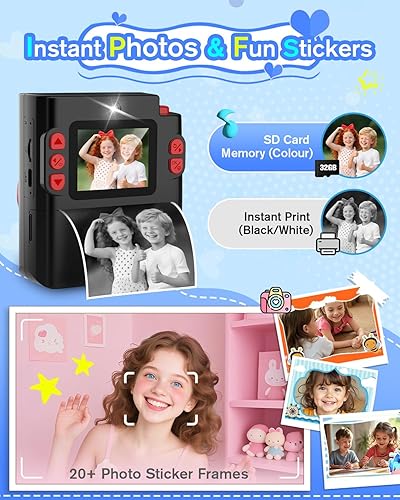 Miniatura 6 de Cámara de impresión instantánea para niños, cámara digital negra clásica para niños de 3 a 12 años, 1080P HD con tarjeta SD de 32 GB, modo selfie y