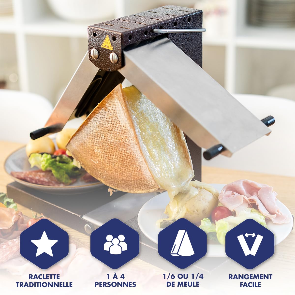 Louis Tellier - Appareil raclette traditionnel Original 2-6 Pers, 1/4 meule | Fabriqué en France, Pro, Inox et Acier, 1/6 ou 1/4 de meule, Rampes réglables, Sécurité, Porte fromage amovible, 230V 1000W
