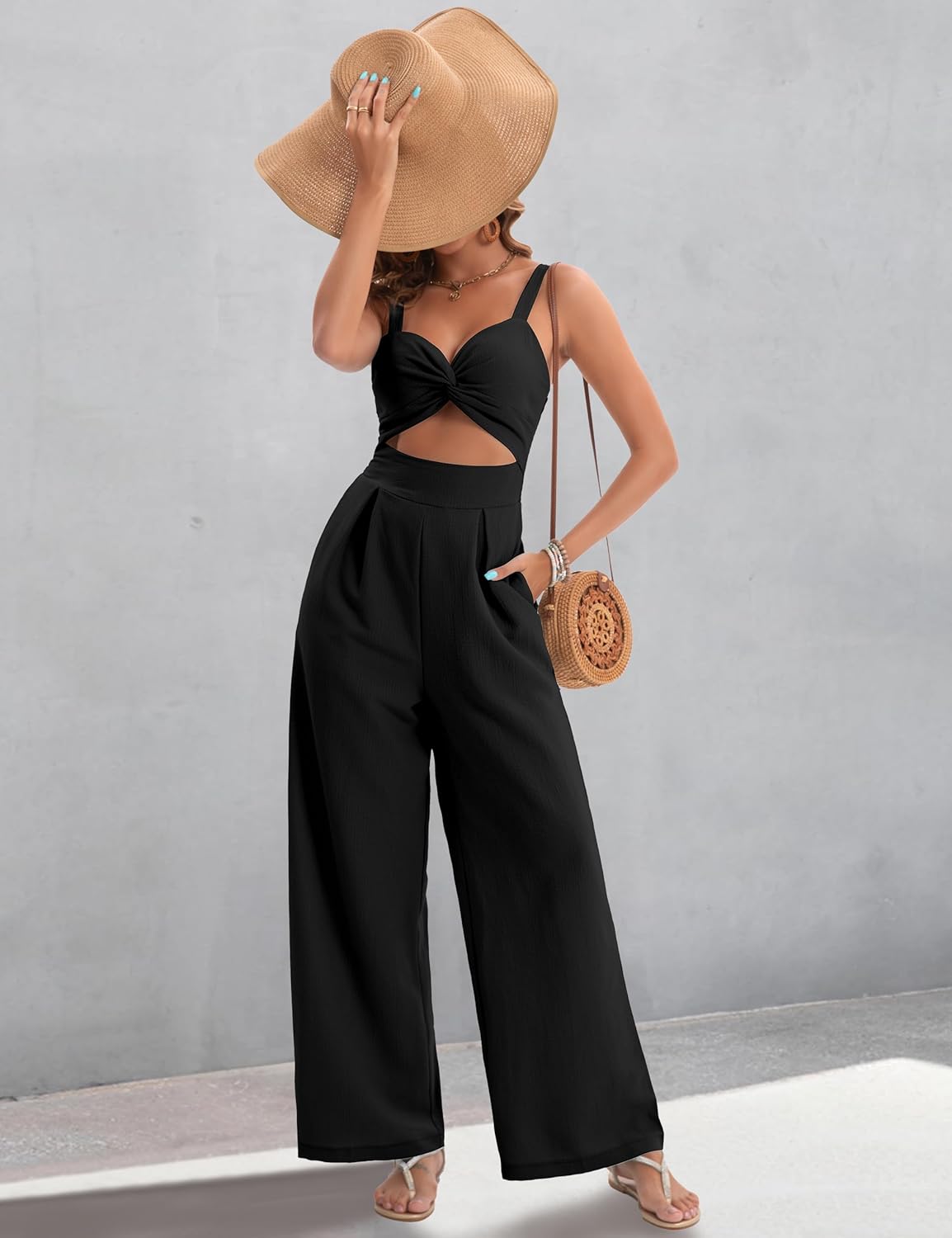Womens Summer Jumpsuits Dressy Sexy V Neck Twist One Piece Outfits Sleeveless Casual Wide Leg Long Pant Rompers - Image 4