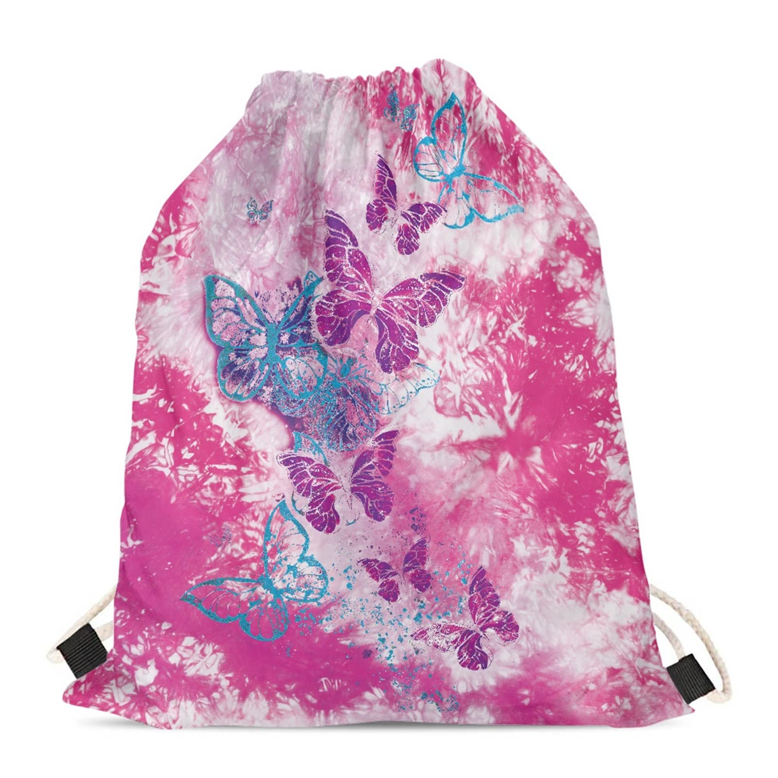 HELLHERO Pink Butterfly Drawstring Backpack Cinch Sackpack Beach Bag for Women Girls Sports Gym Yoga Bags Lightweight Foldable Shopping Bags Tie Dye โ image 1