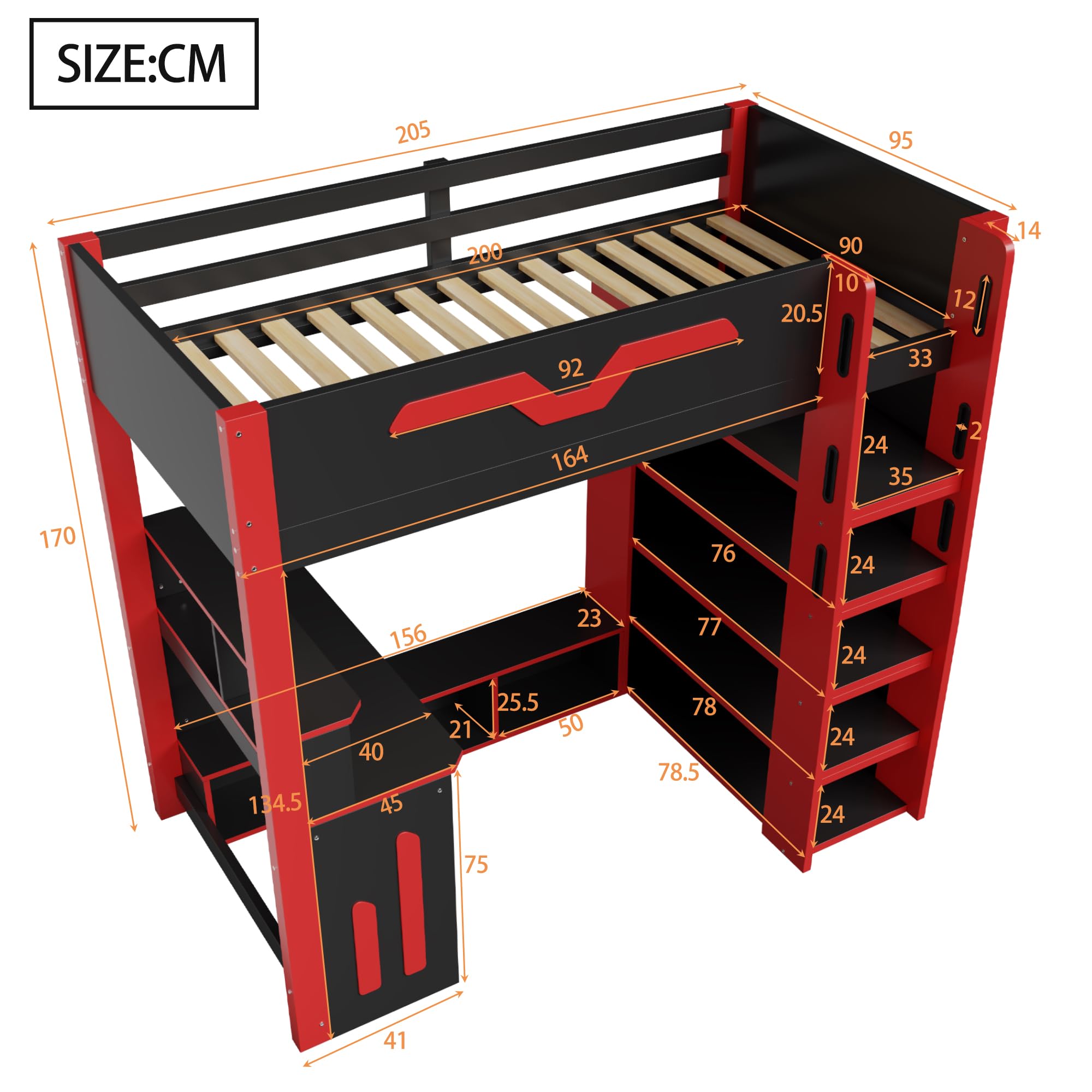 Wiuzo Letto a soppalco in legno da 90 x 200 cm, con scrivania, vano portaoggetti multilivello, illuminazione a LED e scala con vano portaoggetti, nero