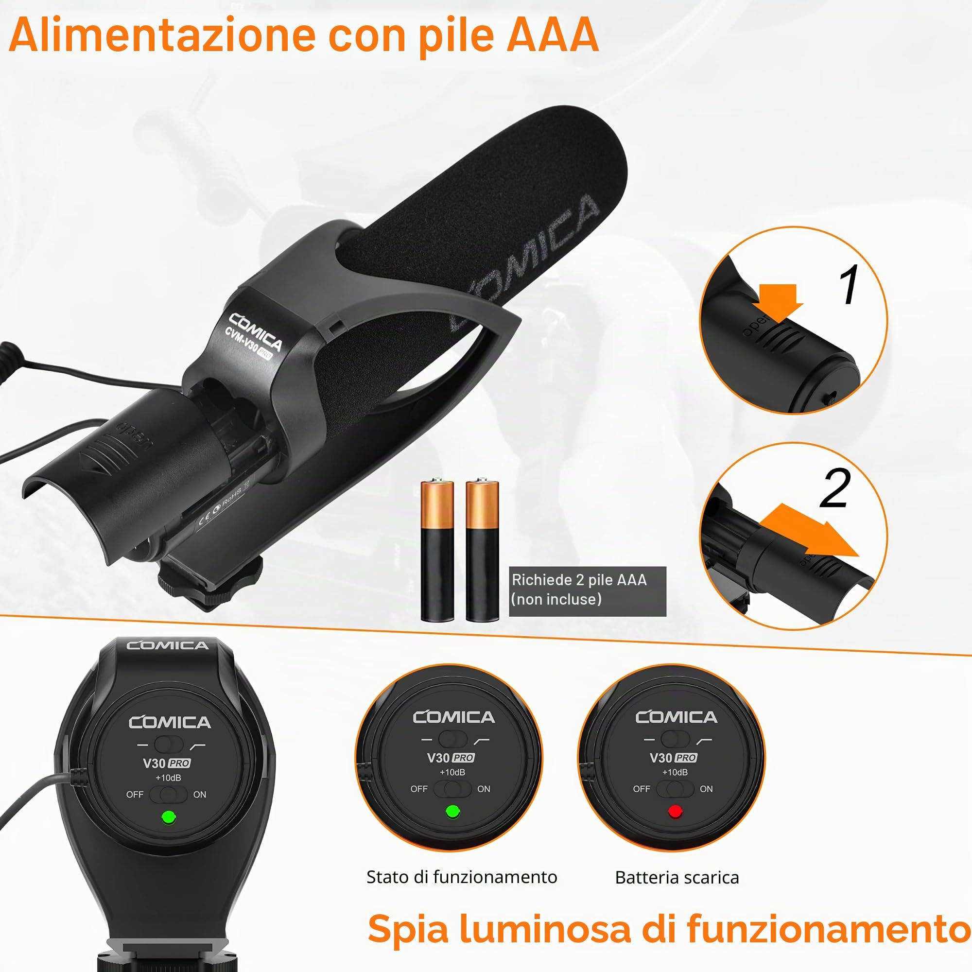 COMICA CVM-V30 Pro fotocamera Microfono direzionale a condensatore Shotgun Video Microfono Supercardioide per Canon Nikon Sony Panasonic DSLR Camera with 3.5mm Jack (nero)