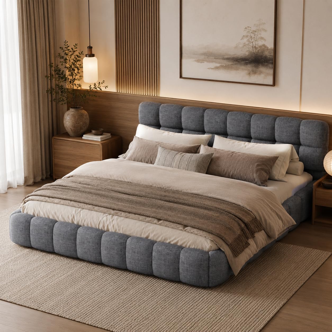 Cama acolchada de 140 x 190 cm, cama de matrimonio acolchada de tela con estructura de cama con cabecero y somier de láminas, cama de matrimonio para niños, respaldo suave y estructura acolchada (gris