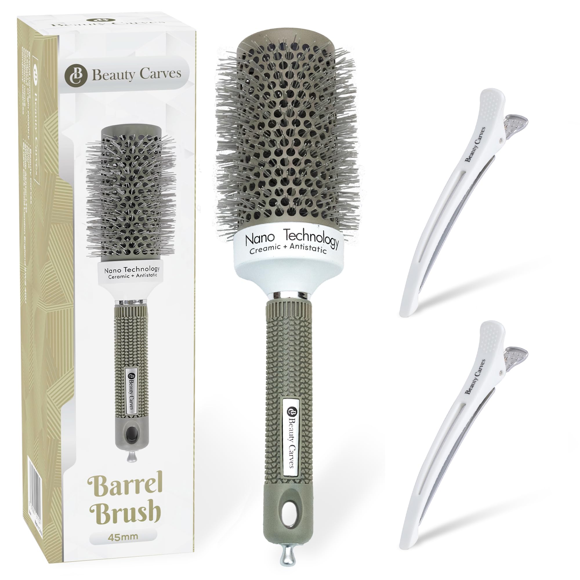 Beauty Carves Round Hair Brush 45 mm Barrel with 2 Clips, Thermal Ceramic Blow Dry Brush for Salon Styling Curling & Volume
