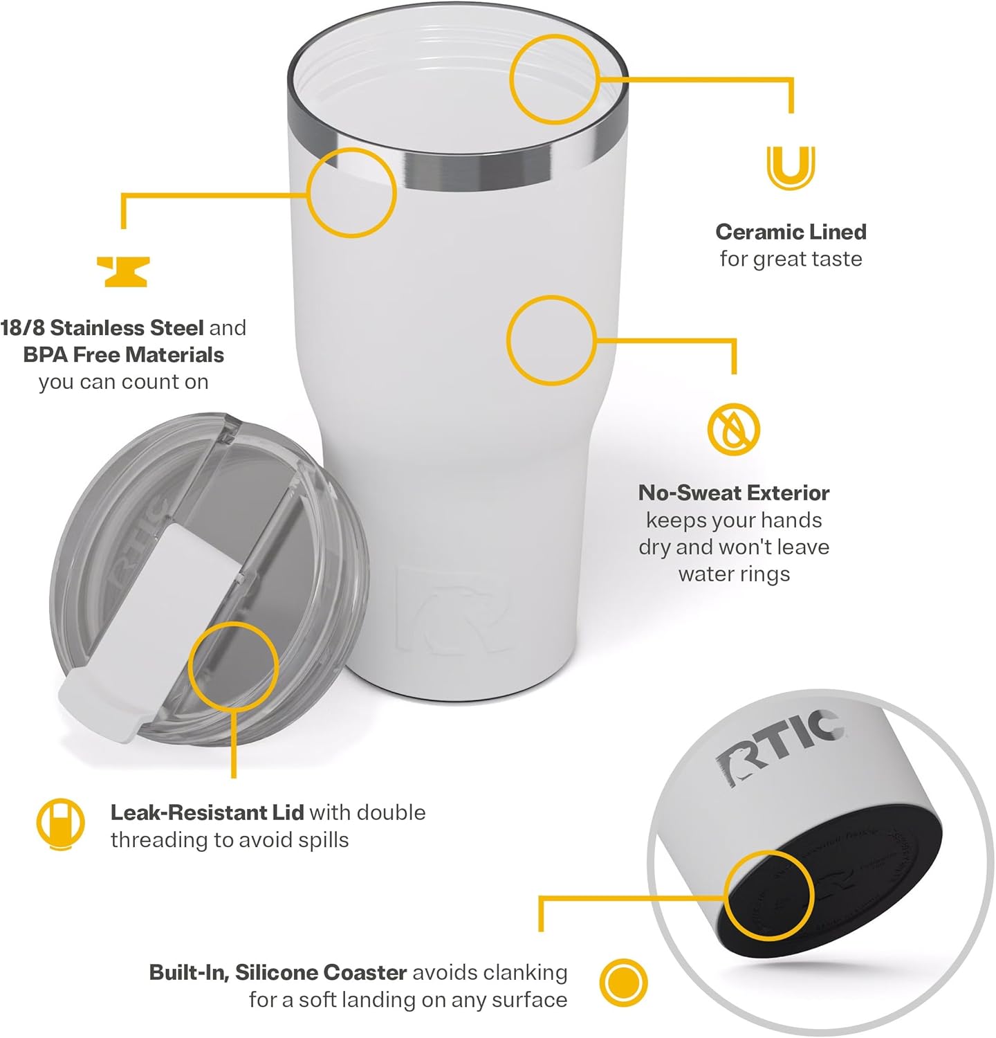 RTIC 30oz Essential Tumbler with Lid, Ceramic Lined, Insulated, Stainless Steel, Metal, Double Wall Vacuum-Insulation, Travel Cup for Iced Coffee, Tea, Hot and Cold Drink, White - Image 4