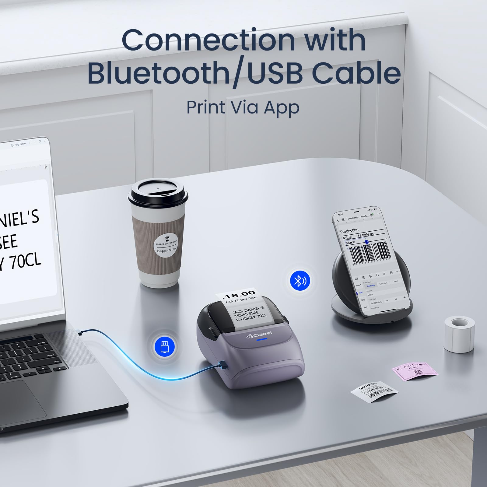 CLABEL 221B Mini-labelprinter, zelfklevend, draagbaar, barcode, zelfklevend, compatibel met iOS en Android, voor adres, thuis, kantoor, prijs, grijs