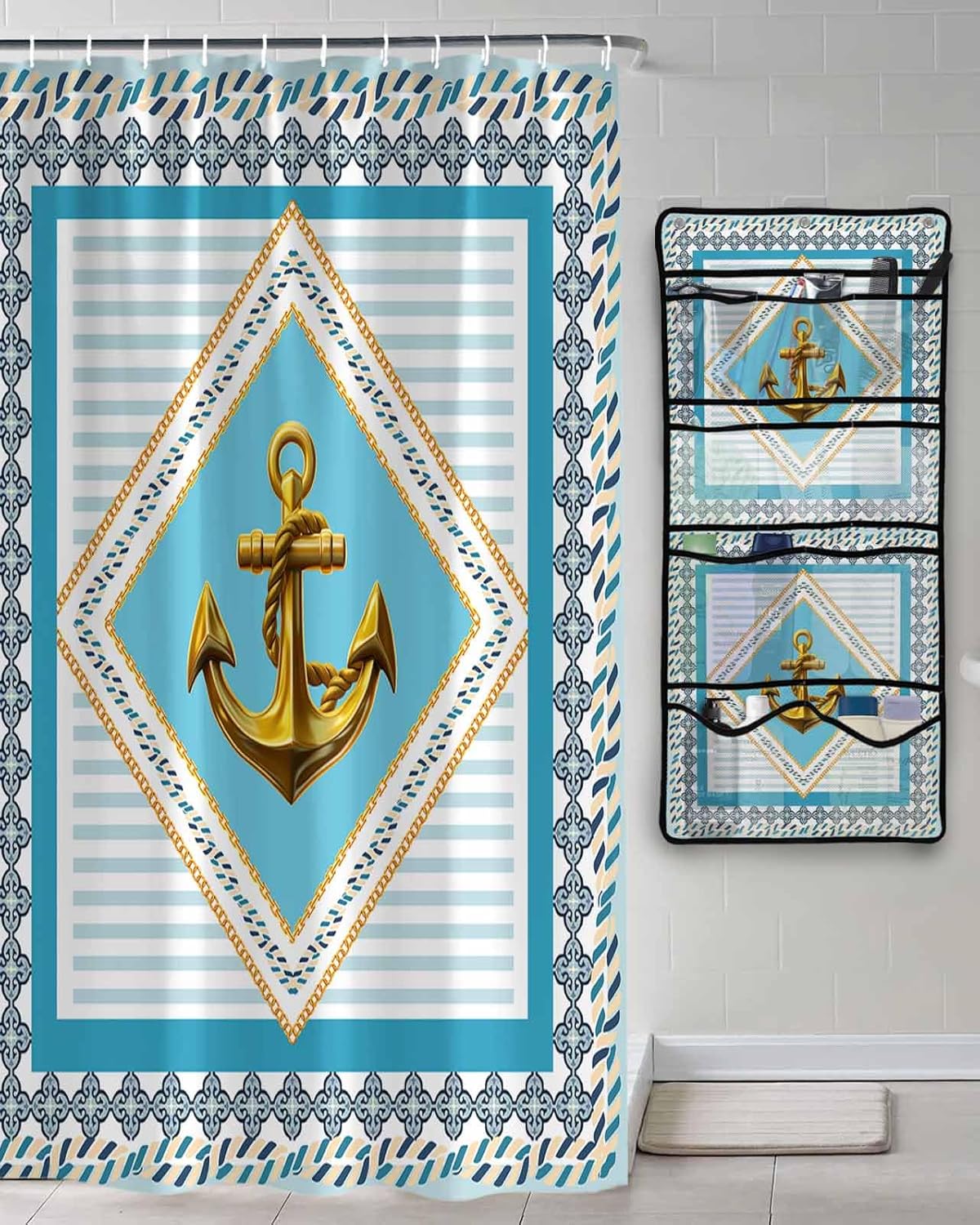 Decorative Shower Curtain Sets Yellow Anchor Polyester Fabric Waterproof Shower Curtains Nautical Rope Flowers Blue Green Stripe Mesh