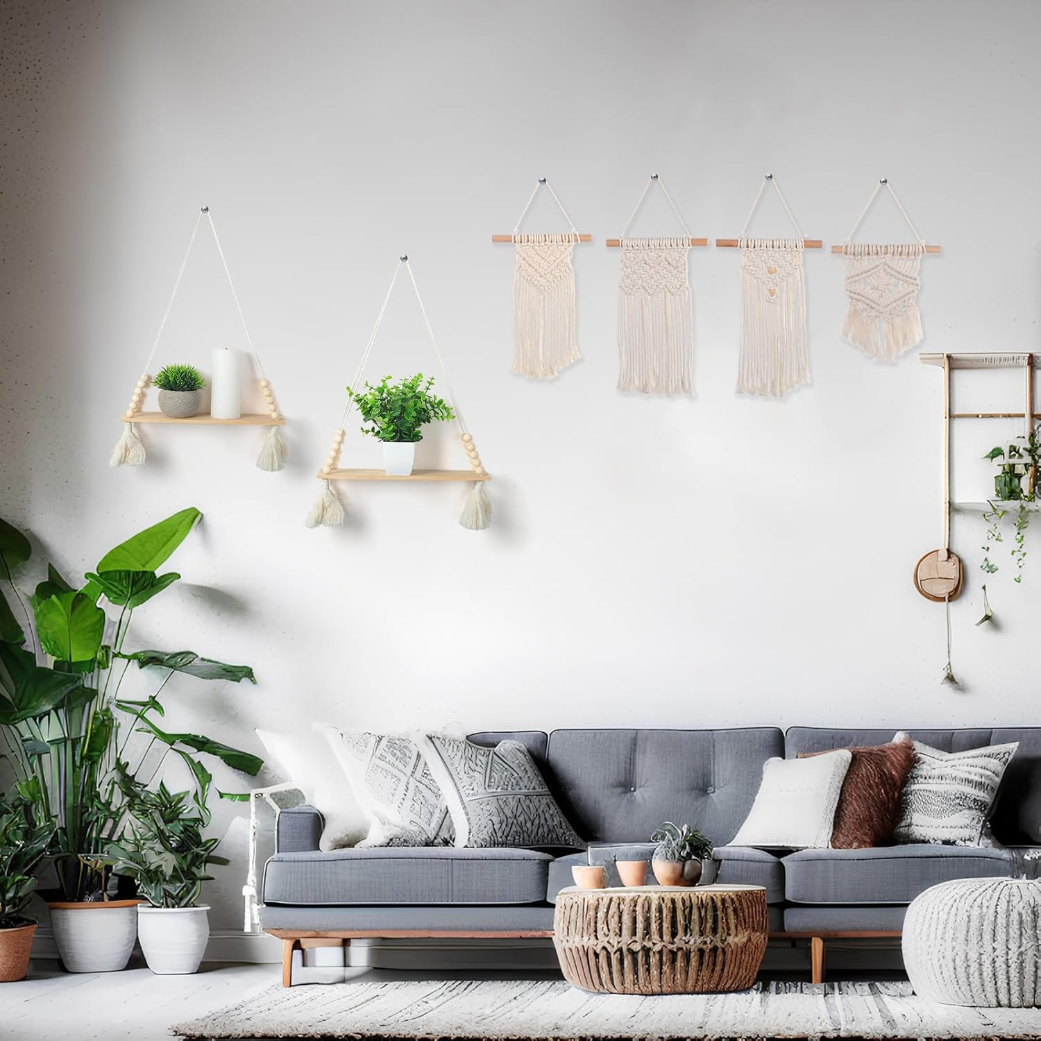 Pinkunn 4 Pcs Macrame Wall Hanging Shelves and 4 Pcs Small Macrame Wall Hanging Handmade Woven Tapestry Boho Wooden Floating Plants Shelves for Home Dorm Living Room Bathroom Office Decor