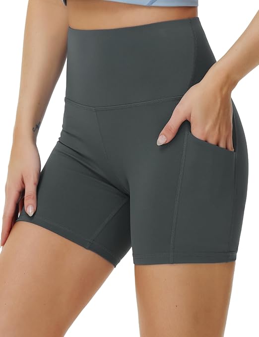 THE GYM PEOPLE Women's High Waist Yoga Shorts 5" Stretchy Tummy Control Biker Workout Running Short with Side Pockets
