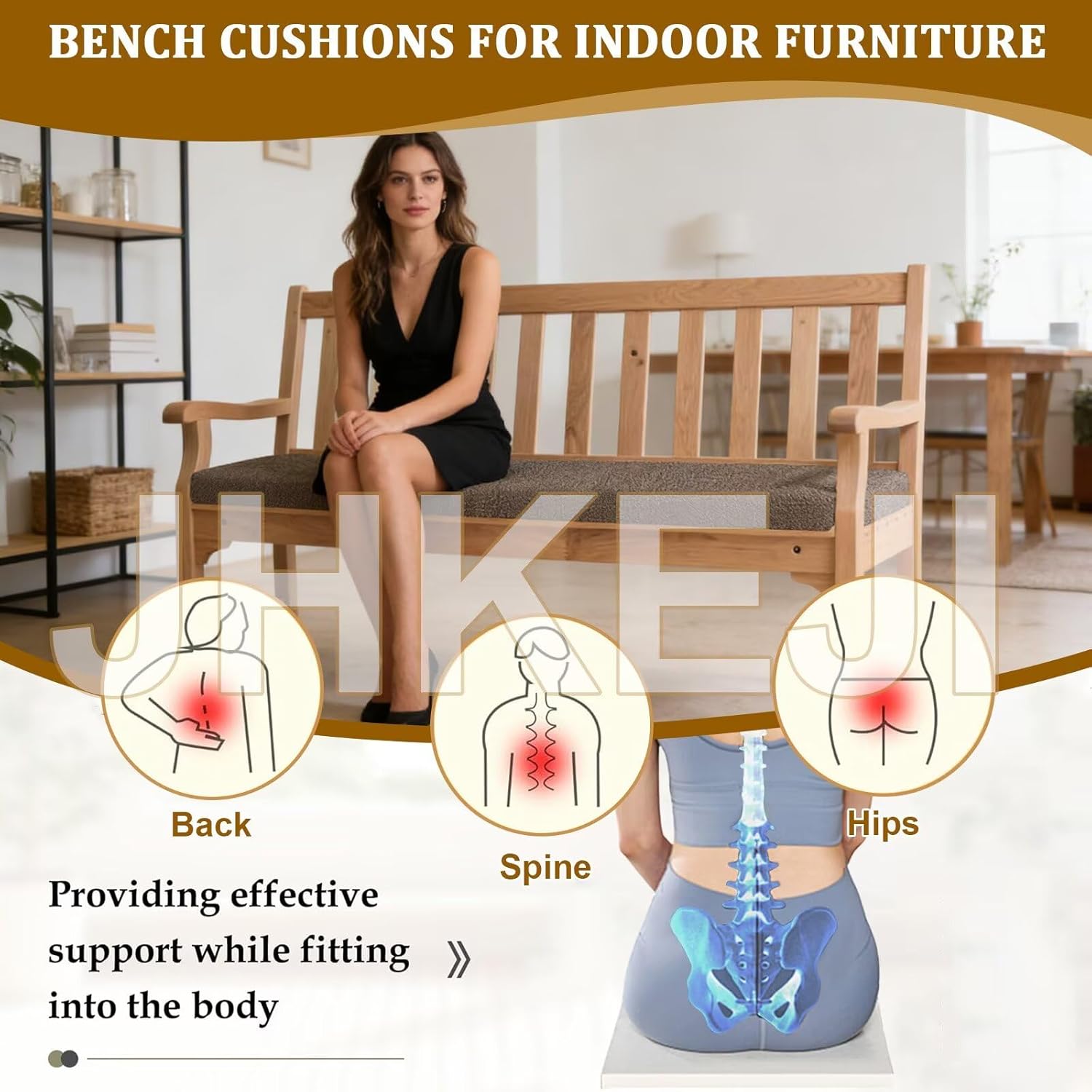 Bench Cushion 48x12 in, Black Bench Cushions for Indoor Outdoor Furniture, 2 in Thick Piano Cushion Replacement, Linen Rectangle Dining Cushions, Non-Slip Settee Seat Pads with Ties and Zipper