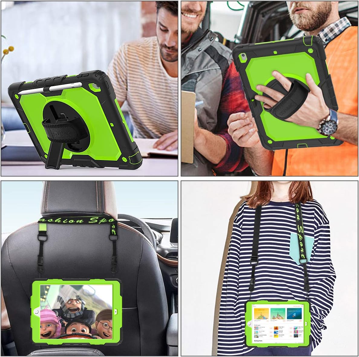 SEYMAC stock Case for iPad 9th/ 8th/ 7th Generation 10.2'', Shockproof with Screen Protector, Pencil Holder [360° Rotating Hand Strap] & Stand, for iPad 10.2 inch 2021-2019 (Green+Black) image 4