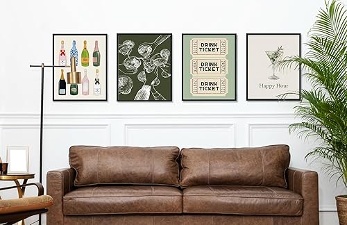 Miniatura 5 de ULEGIE Decoración de pared de bar, decoración de carrito de bar, decoración de pared retro de cóctel de champán, juego de 4, póster de bar,
