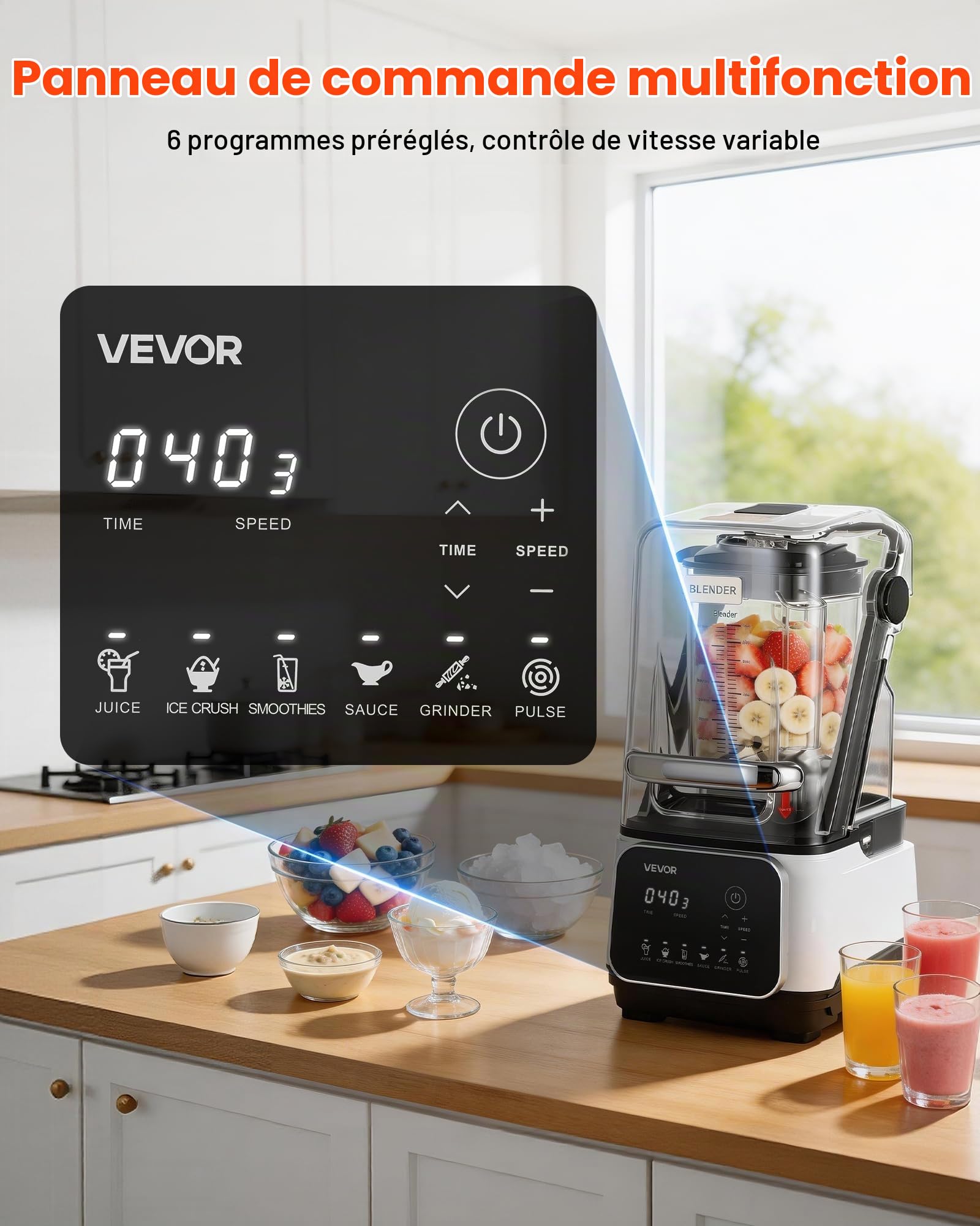 VEVOR Blender Professionnel, Mixeur Smoothie de Comptoir 2 L 26000 tr/min, pour Milkshakes Jus de Fruits Purées Cuisine Bar, avec Capot, Autonettoyage, Vitesse Réglable, 6 Programmes Prédéfinis