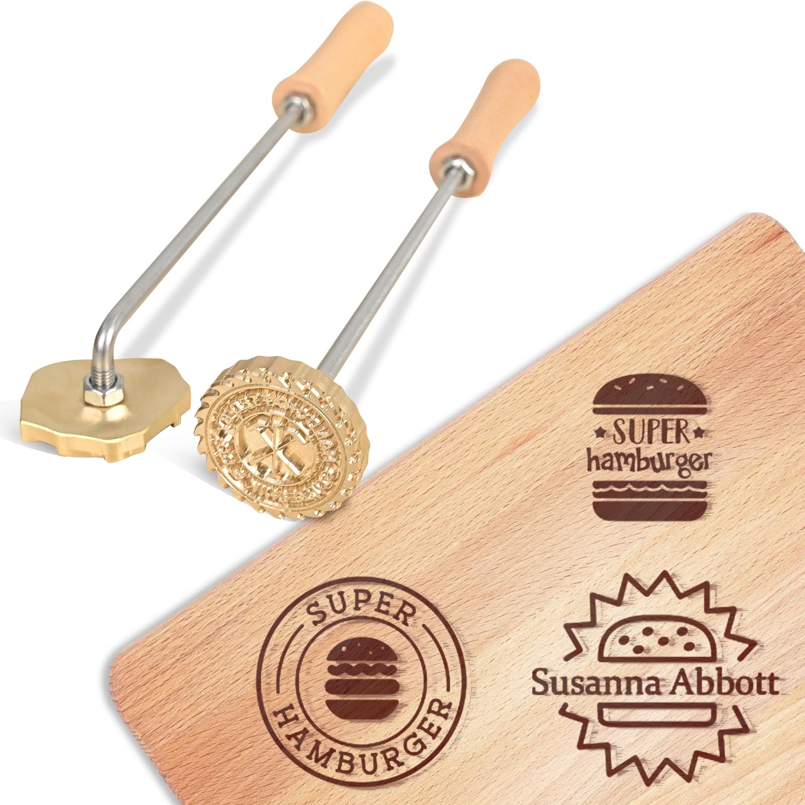 KAINSY Branding Iron for Burger, Durable Custom Logo Metal Branding Iron for Food Hamburger Burning Stamp with Wood Handle, Personalized Chefs Cooking Lover Gifts, Flame Heated(1 inch)