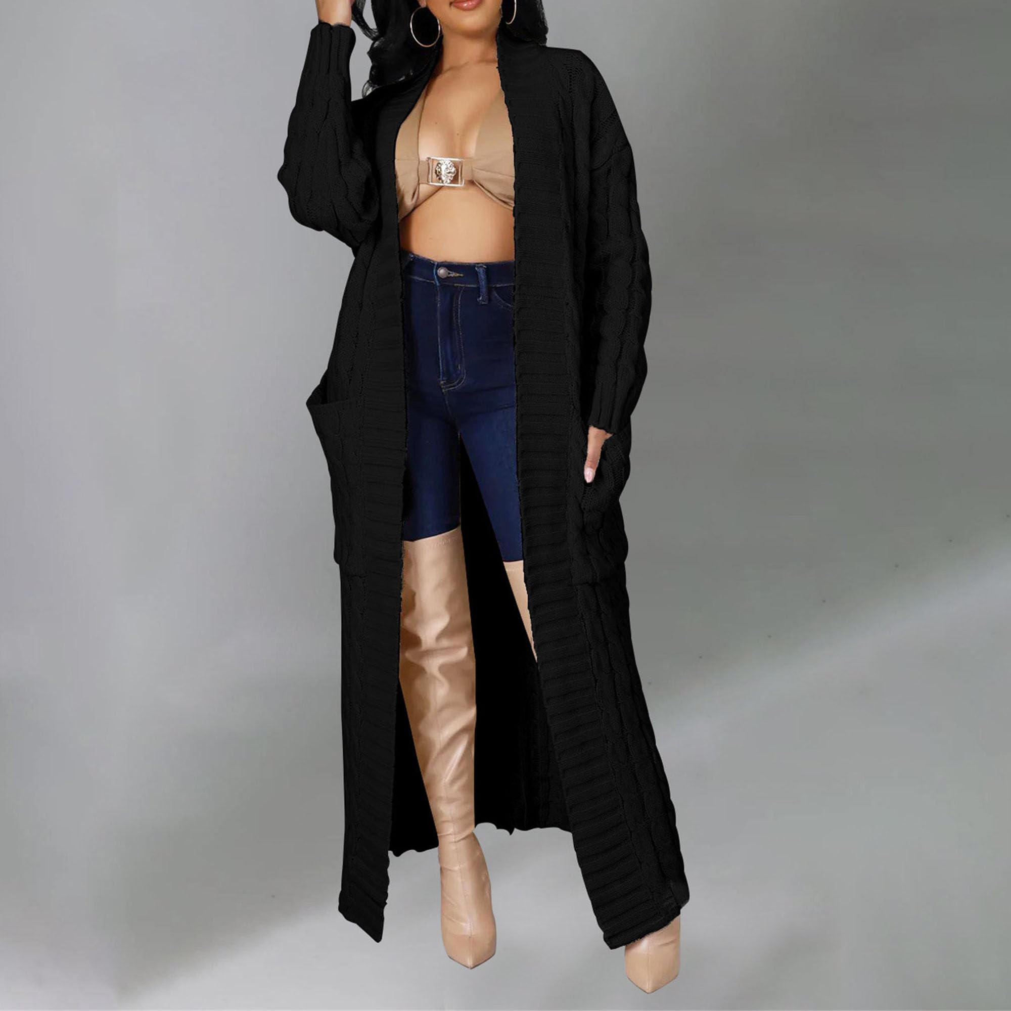 Women Long Sleeve Cable Knit Long Cardigan 2024 Fall Winter Chunky Open Front Sweaters Long Outwear with Pockets (Medium,Black)