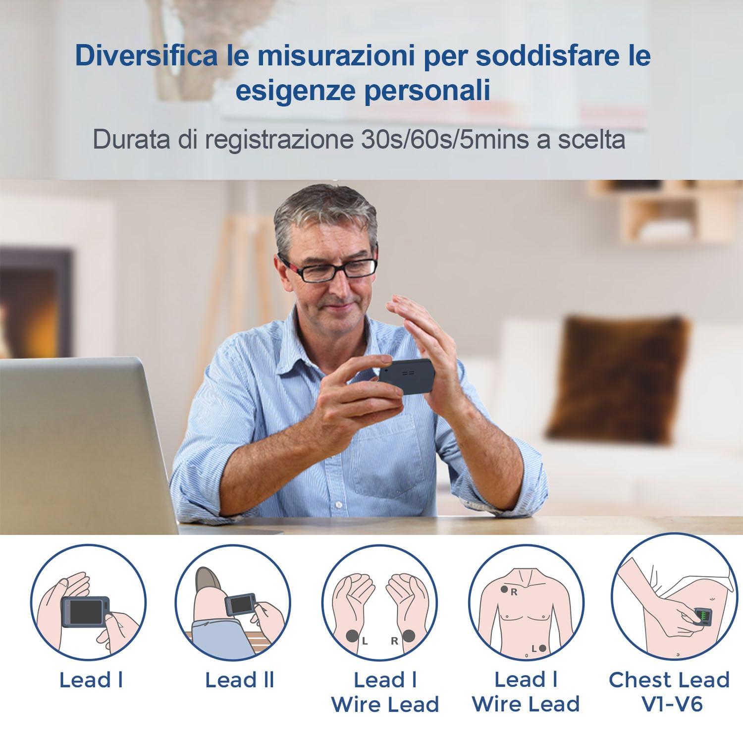 CheckMe Plus Monitor ECG per Uso Domestico,Funzione di Analisi ECG,30s/60s/5min ECG Portatile con Visualizzazione in Tempo Reale, Registra Prima, Carica Dopo, Memoria Illimitata (Smartphone/PC)