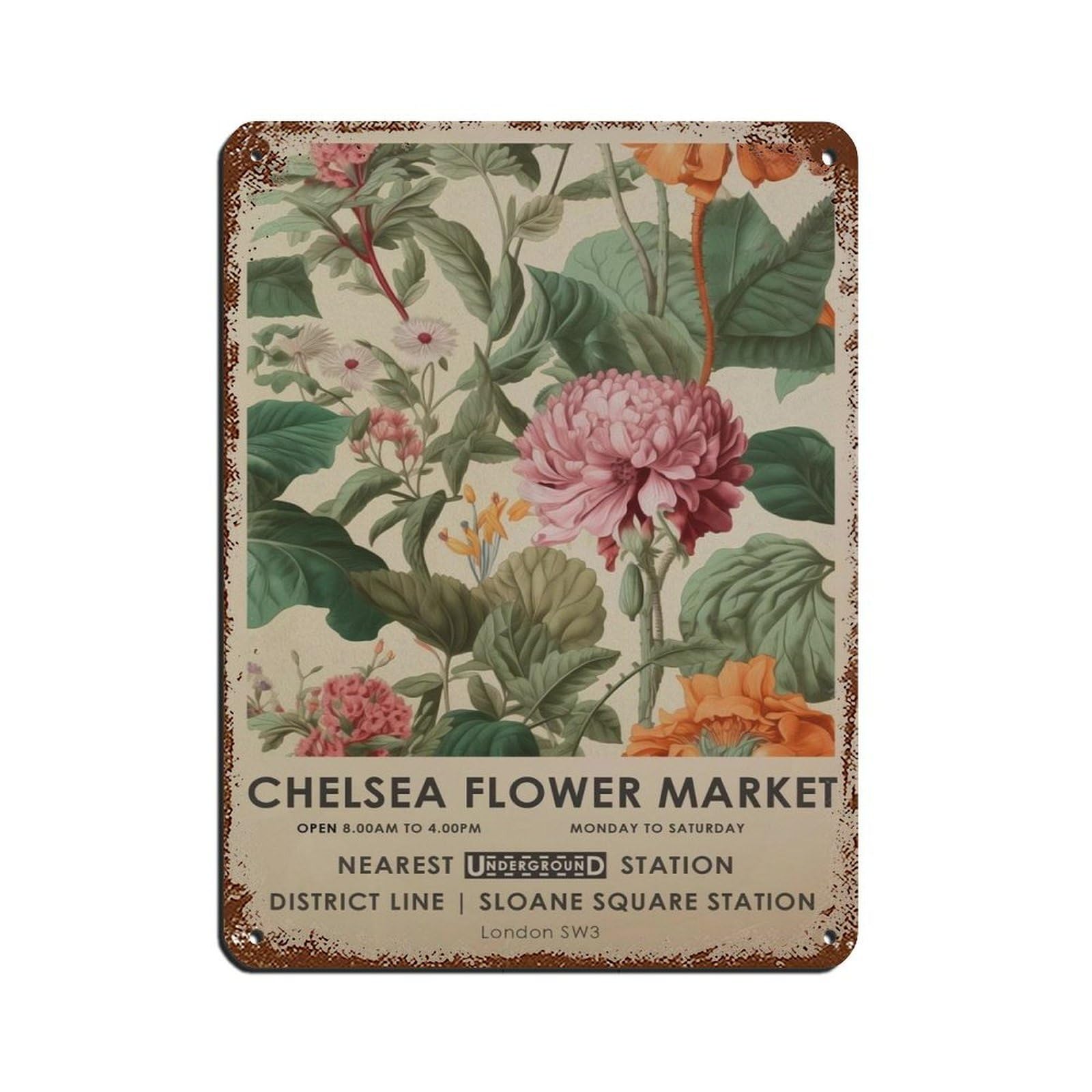 Chelsea Flower Market, Vibrant Botanical Art, Gift (3) Tin Sign Vintage Metal Pub Club Cafe Bar Home Wall Art Decoration Poster Retro 12x16inch(30x40cm)